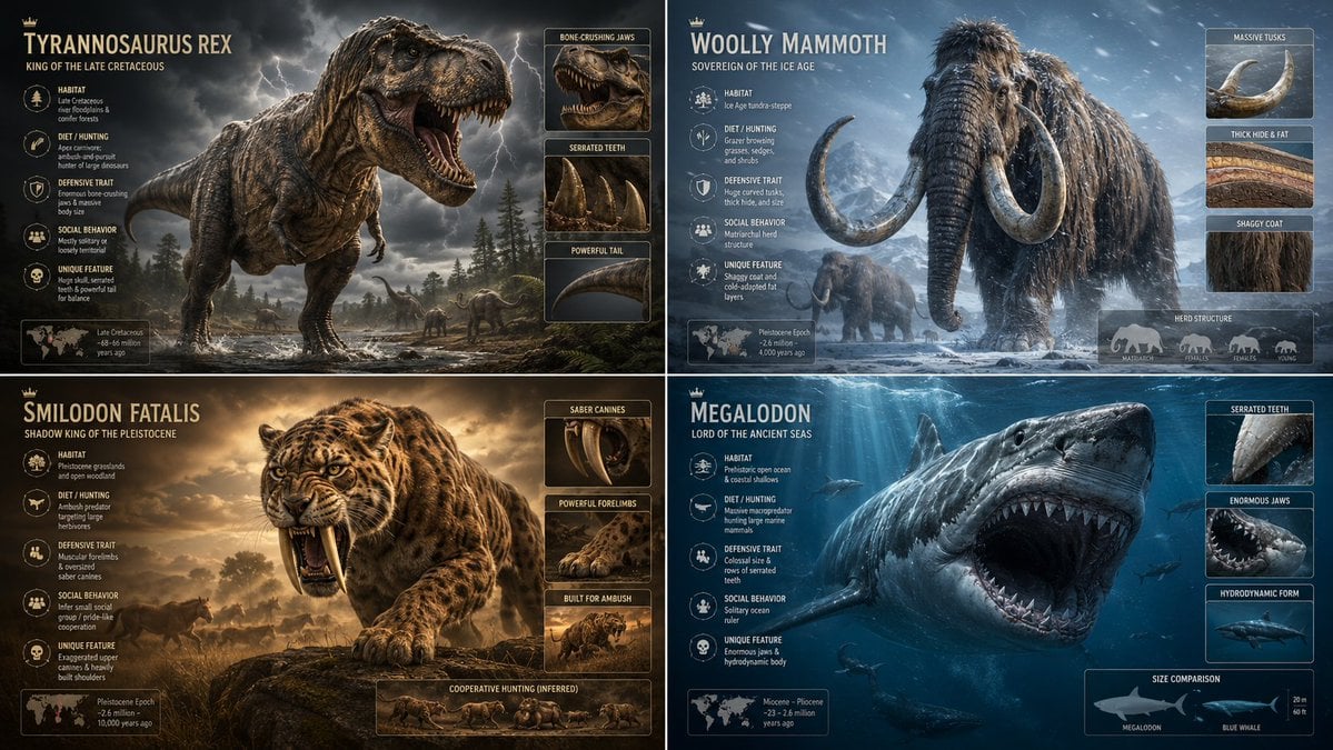2x2 grid, 16:9, do this for majestic extinct animals input ::= [Extinct Species …؛ عکس ساخته‌شده با هوش مصنوعی و پرامپت فارسی در Axeto