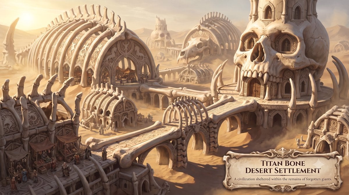 Titan Bone Desert Settlement SCENE A settlement built among the colossal fossili…؛ عکس ساخته‌شده با هوش مصنوعی و پرامپت فارسی در Axeto