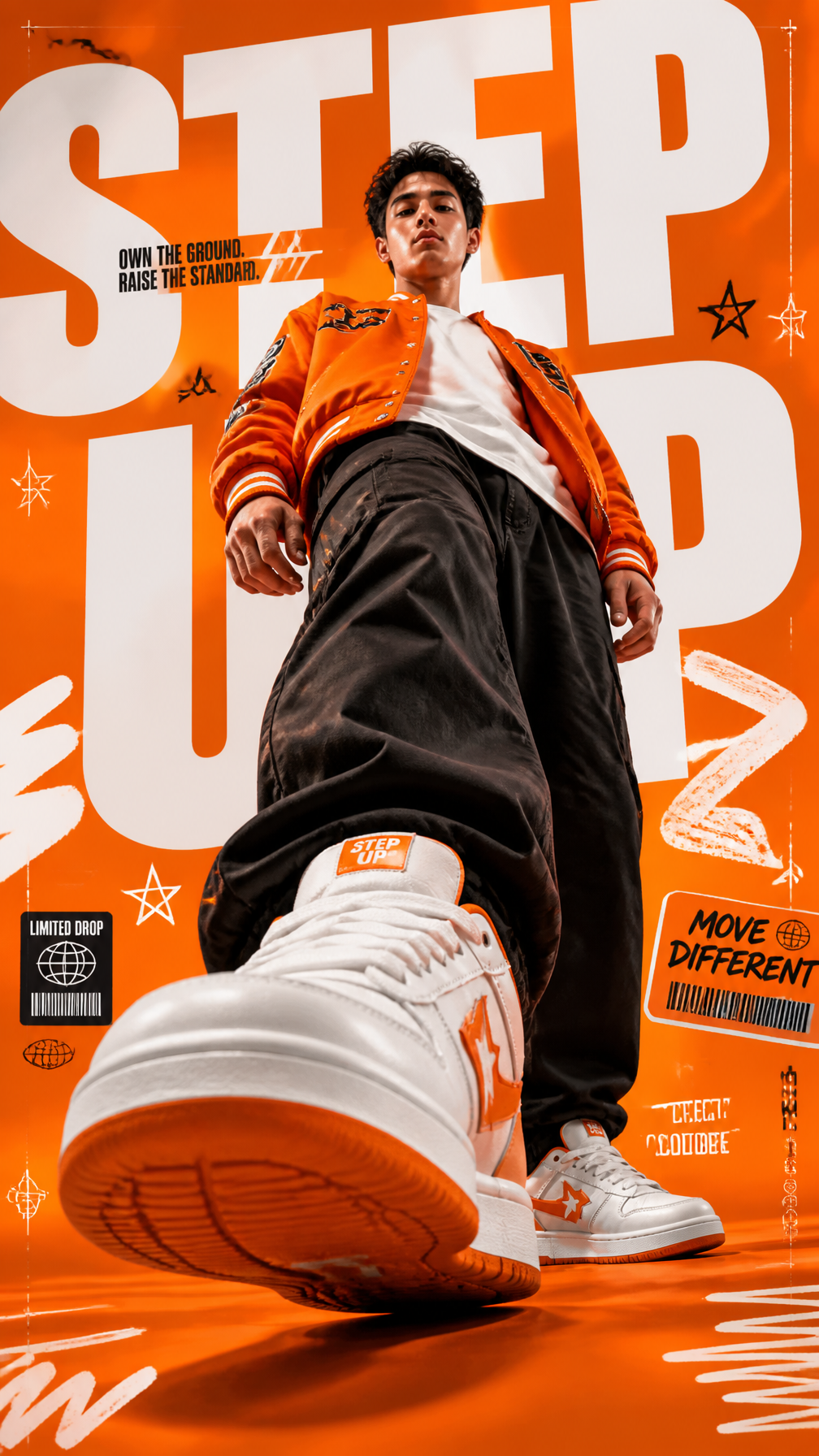 A premium 9:16 streetwear advertising poster.Main Subject:A young male model cap…؛ عکس ساخته‌شده با هوش مصنوعی و پرامپت فارسی در Axeto