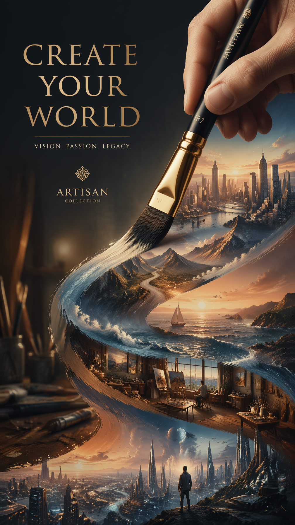 A premium 9:16 luxury art-supplies advertising poster.Main Subject: A premium ar…؛ پرامپت فارسی برای ساخت عکس با هوش مصنوعی