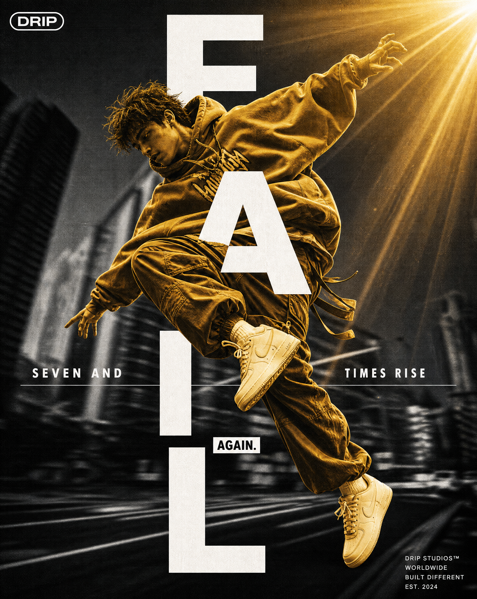 Prompt:"Streetwear fashion poster design, dynamic action shot of a young man cap…؛ عکس ساخته‌شده با هوش مصنوعی و پرامپت فارسی در Axeto