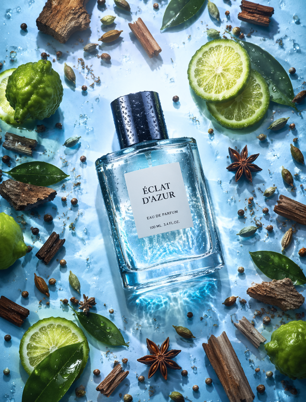 Editorial perfume photography poster. studio design set: notes random spices see…؛ عکس ساخته‌شده با هوش مصنوعی و پرامپت فارسی در Axeto
