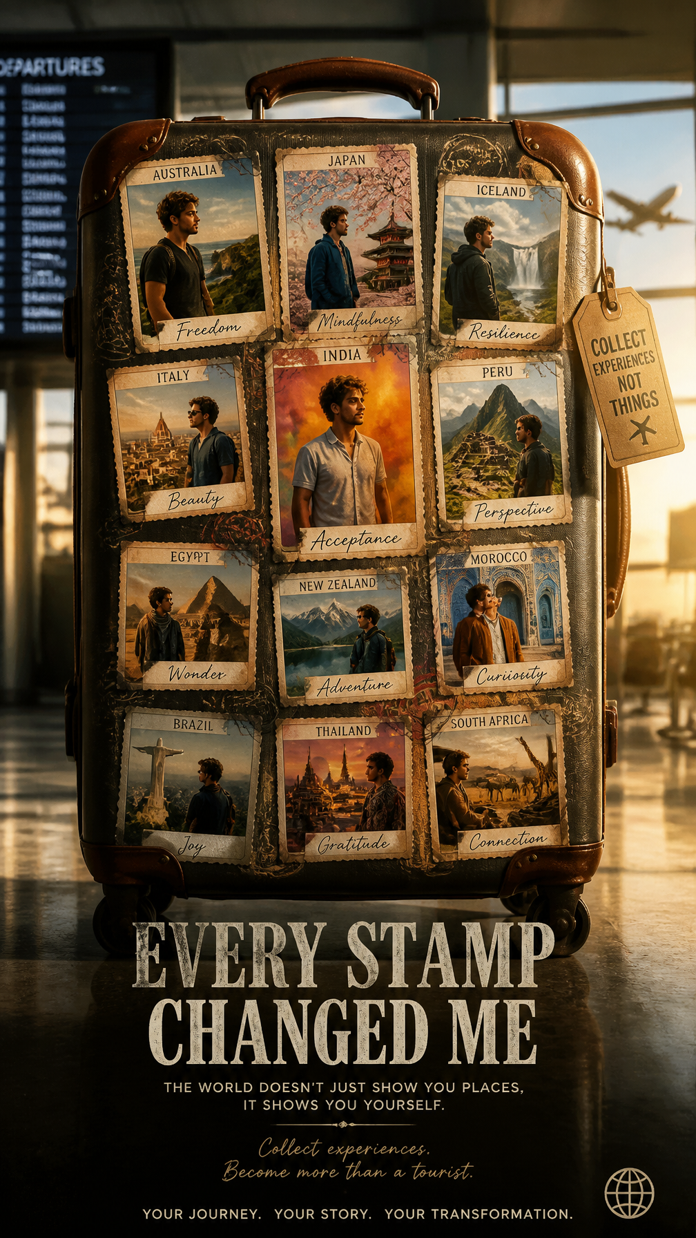 A premium 9:16 travel advertising poster.Main Subject: A luxury suitcase covered…؛ عکس ساخته‌شده با هوش مصنوعی و پرامپت فارسی در Axeto