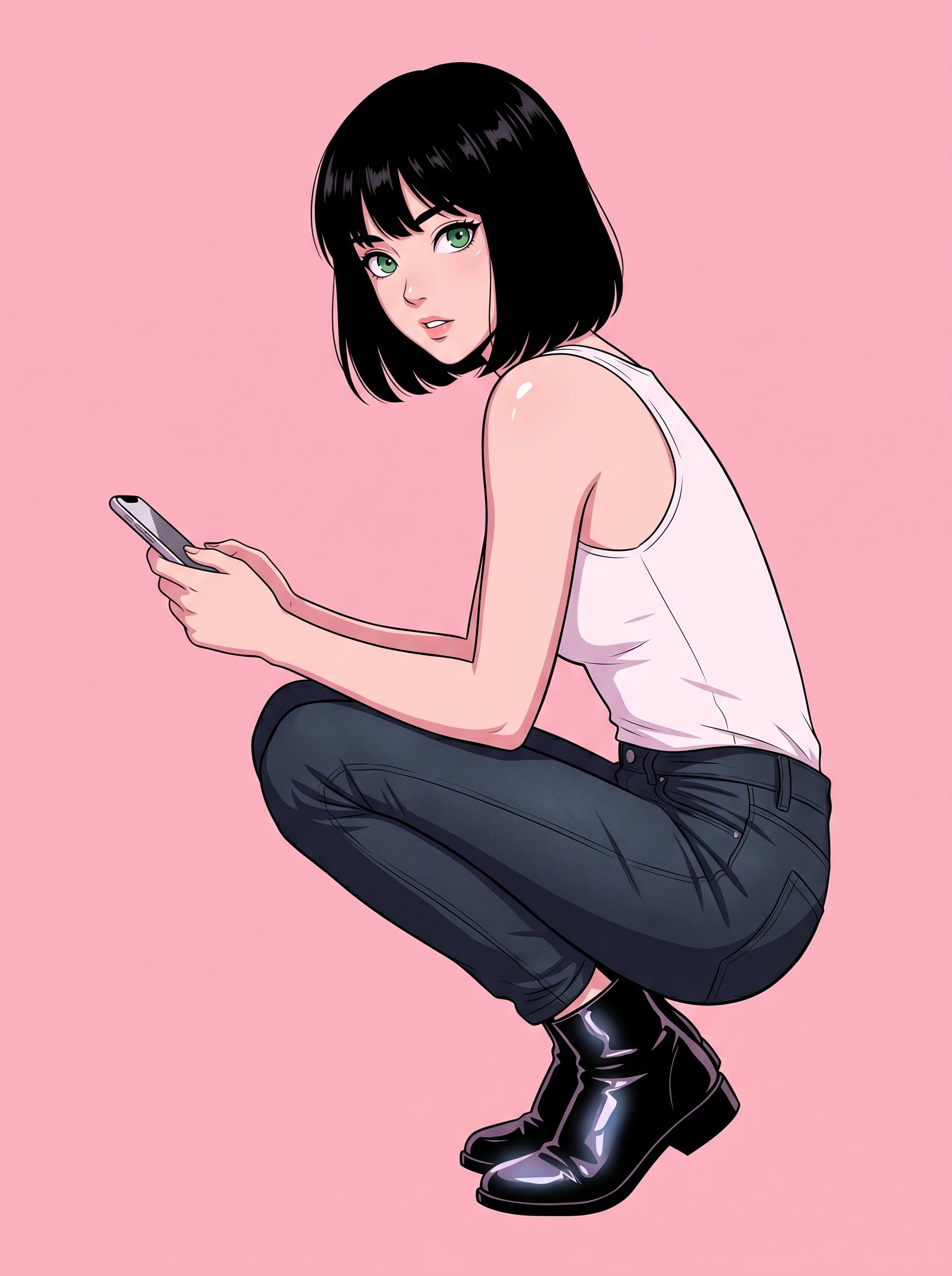 A stylized anime-inspired portrait features a young woman with chin-length black…
