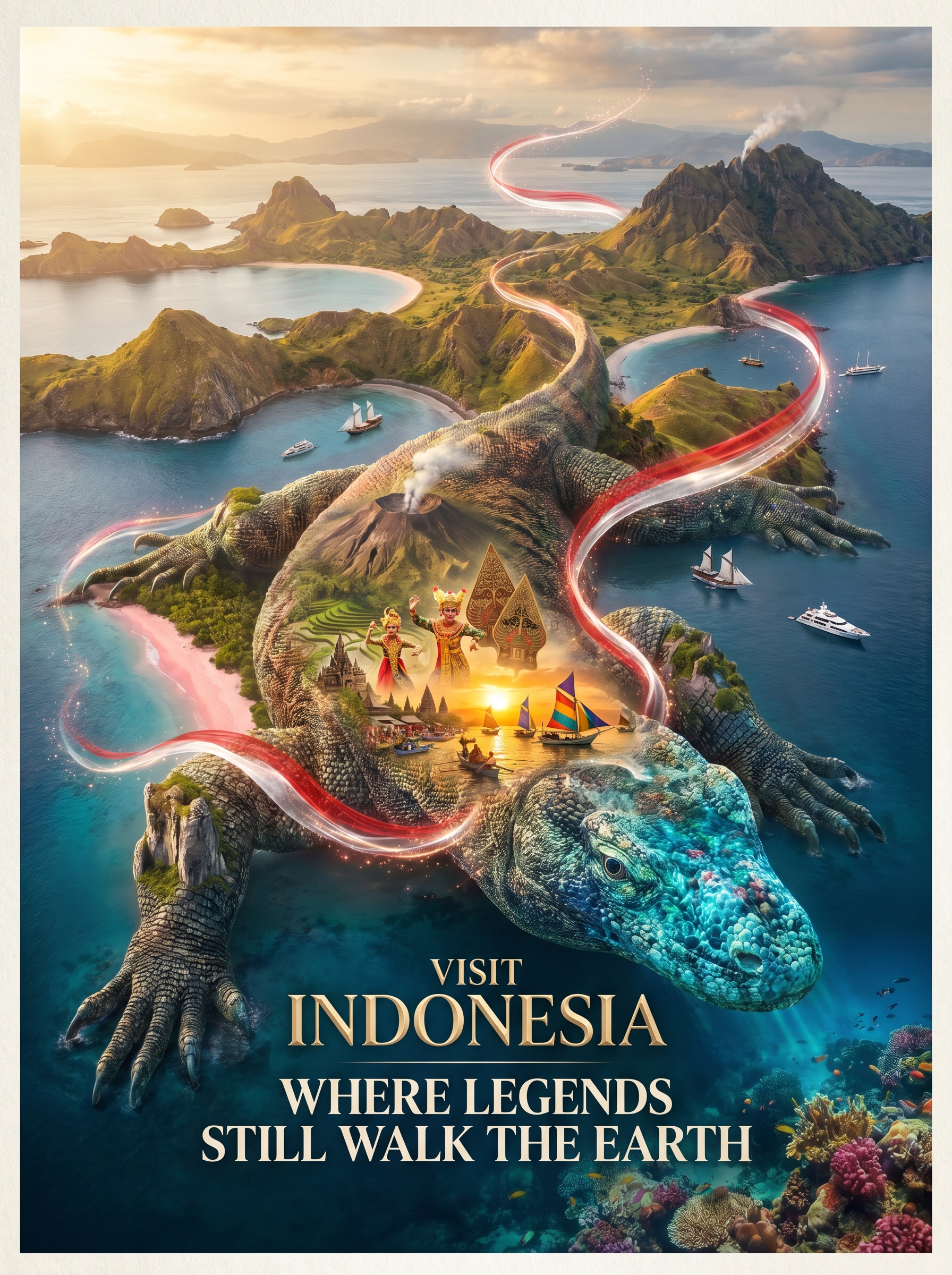 Create a revolutionary tourism poster for Indonesia where the entire Komodo Arch…؛ پرامپت فارسی برای ساخت عکس با هوش مصنوعی