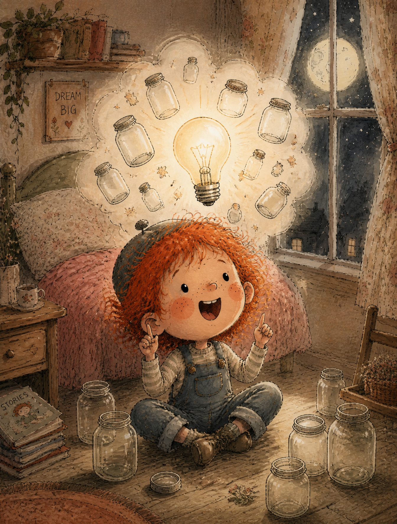 A young boy with wild red hair, freckles, rosy round cheeks, wearing denim overa…؛ پرامپت فارسی برای ساخت عکس با هوش مصنوعی