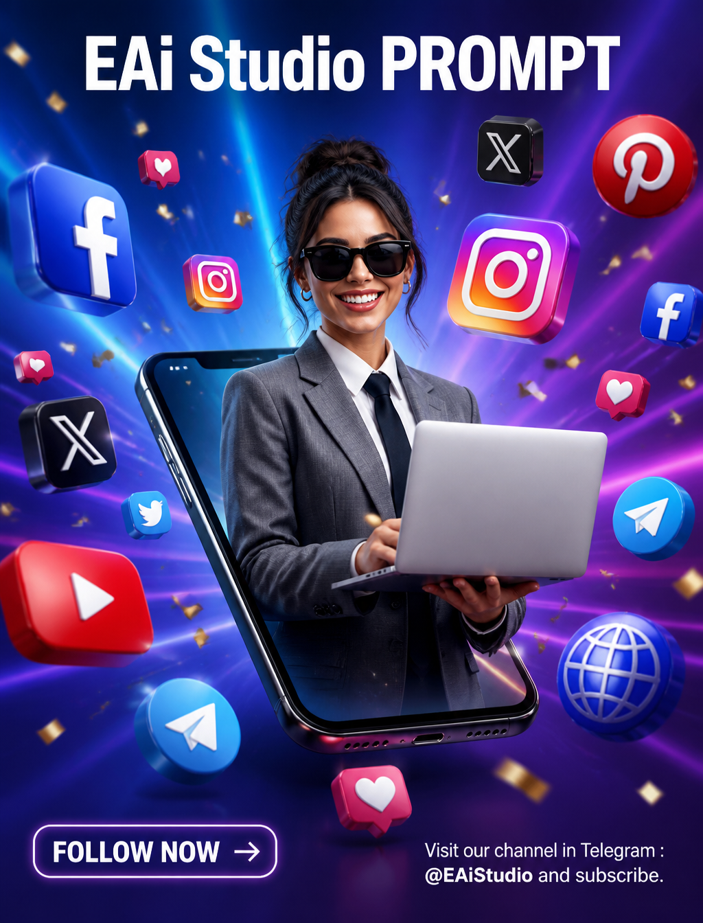 A hyper-realistic 8K rendering of a dynamic digital marketing scene, shot with a…؛ پرامپت فارسی برای ساخت عکس با هوش مصنوعی