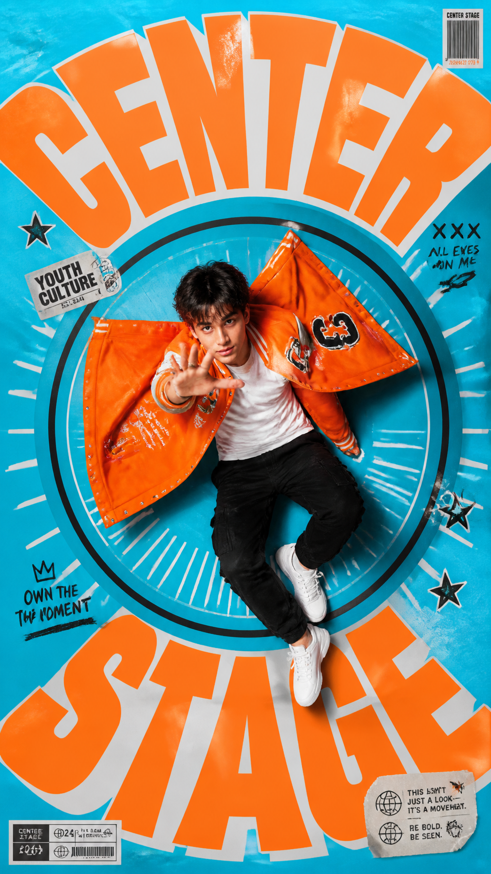 A premium 9:16 youth-culture fashion poster.Main Subject:A young male model lyin…؛ عکس ساخته‌شده با هوش مصنوعی و پرامپت فارسی در Axeto