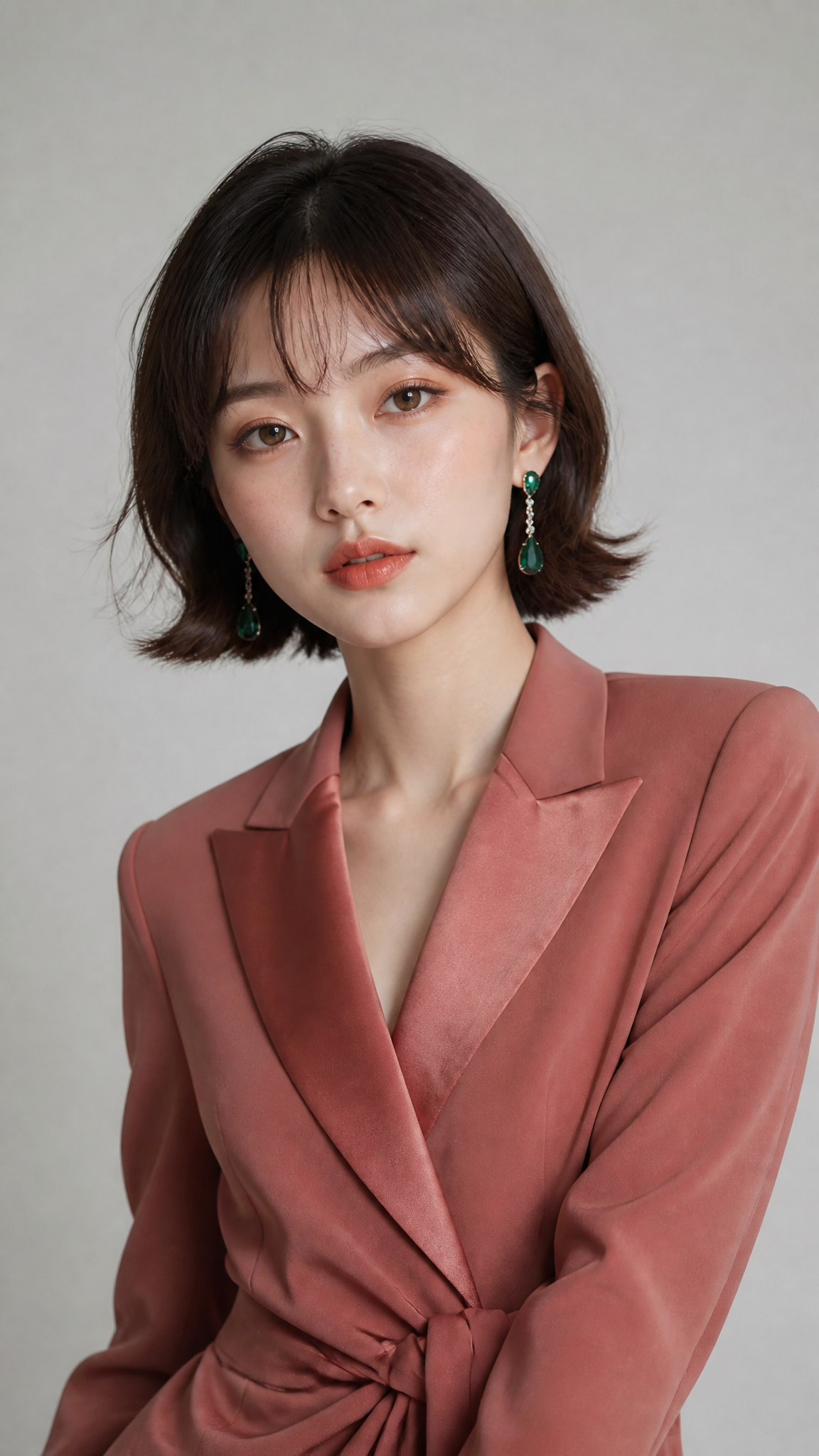 Dark brown short hair, chin-length, ends slightly curled outwards, wispy bangs t…