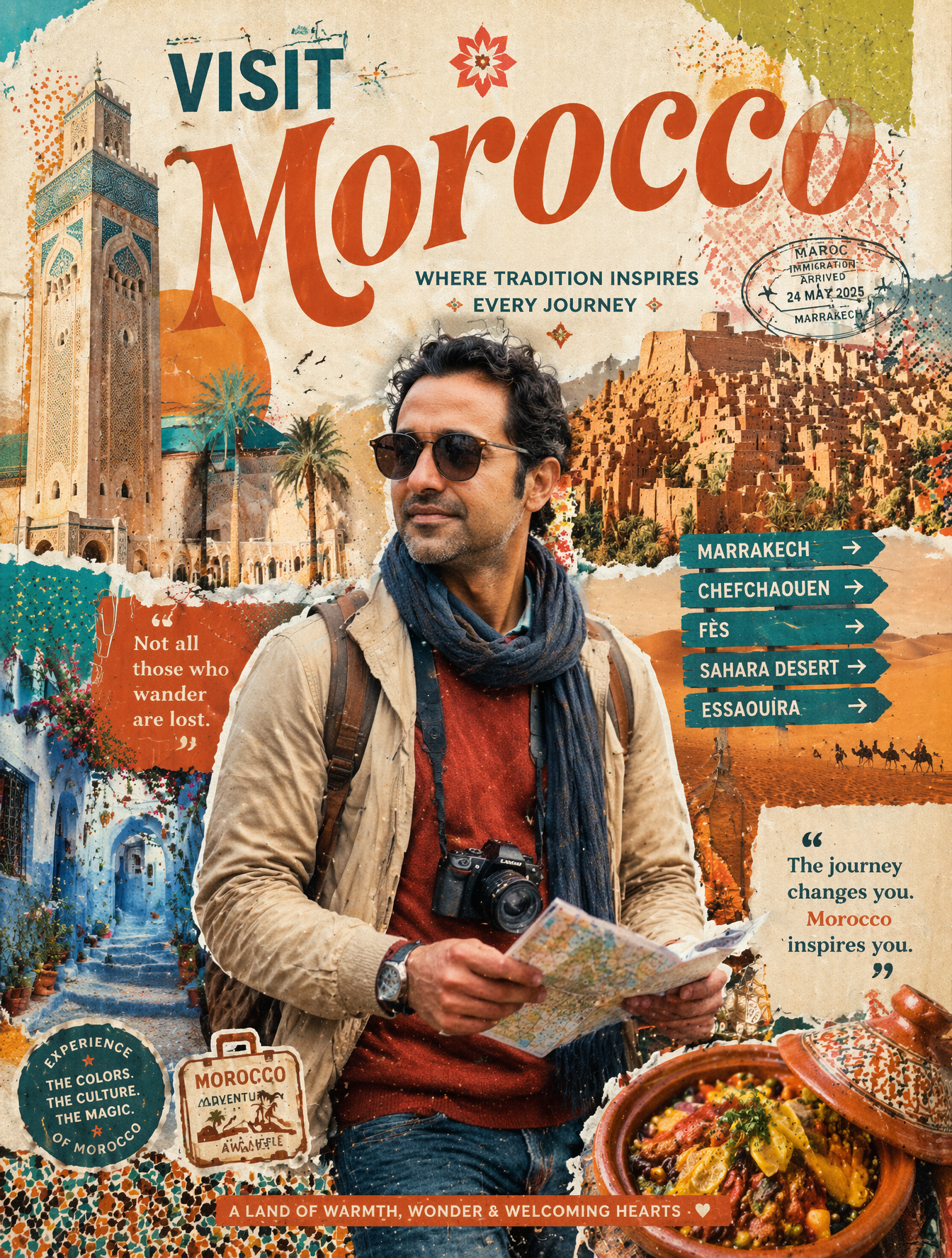 Create a stylized travel poster / graphic collage for Morocco. The main subject …؛ محتوای مرتبط هوش مصنوعی در Axeto