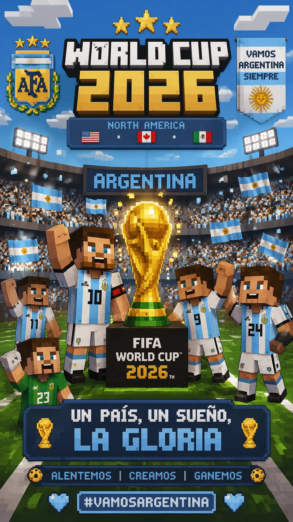 Minecraft StyleVertical 9:16 poster of World Cup 2026, Argentina national team i…؛ عکس ساخته‌شده با هوش مصنوعی و پرامپت فارسی در Axeto