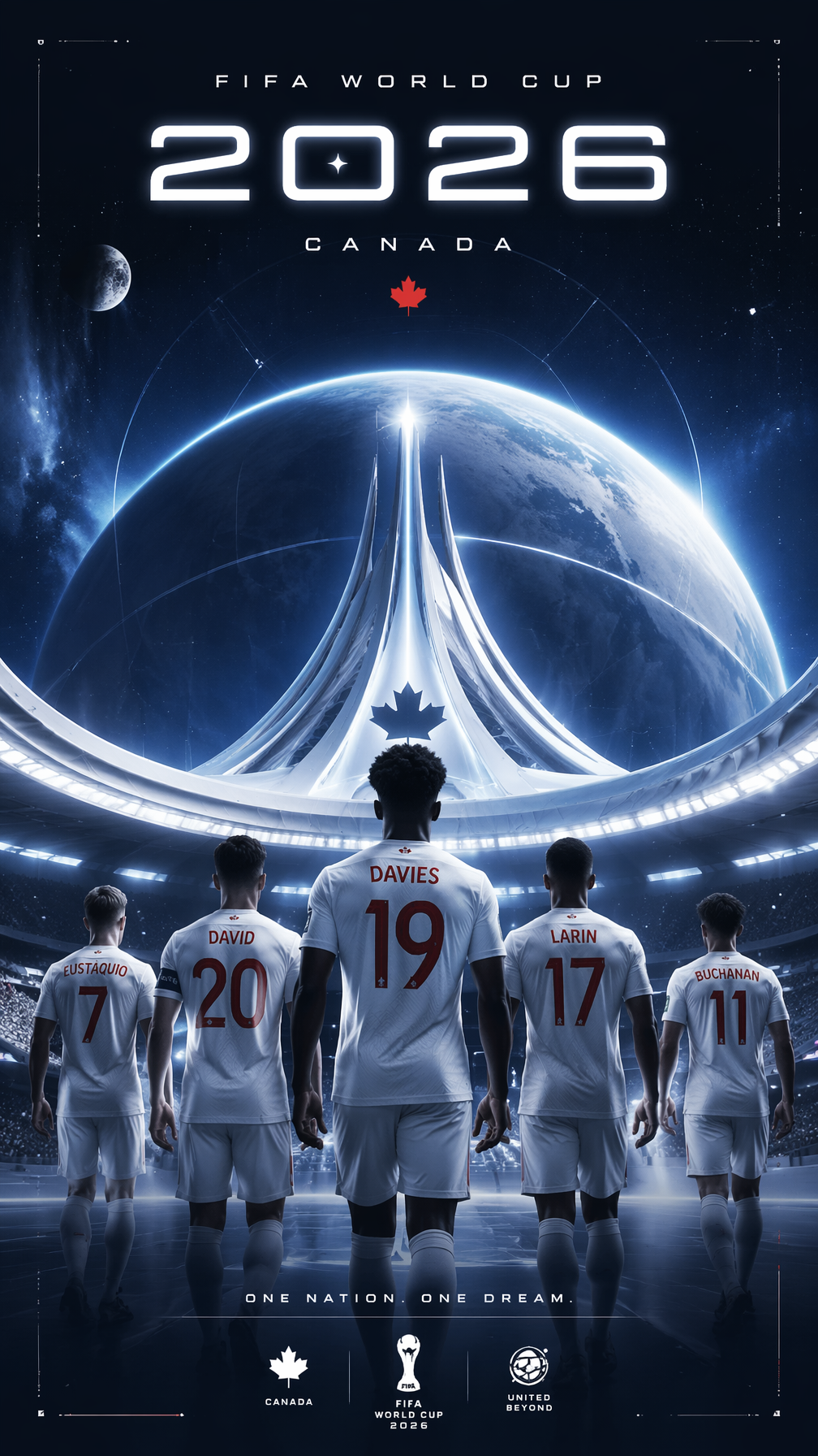 Starfield StyleVertical 9:16 poster of World Cup 2026, Canada national team in u…؛ عکس ساخته‌شده با هوش مصنوعی و پرامپت فارسی در Axeto