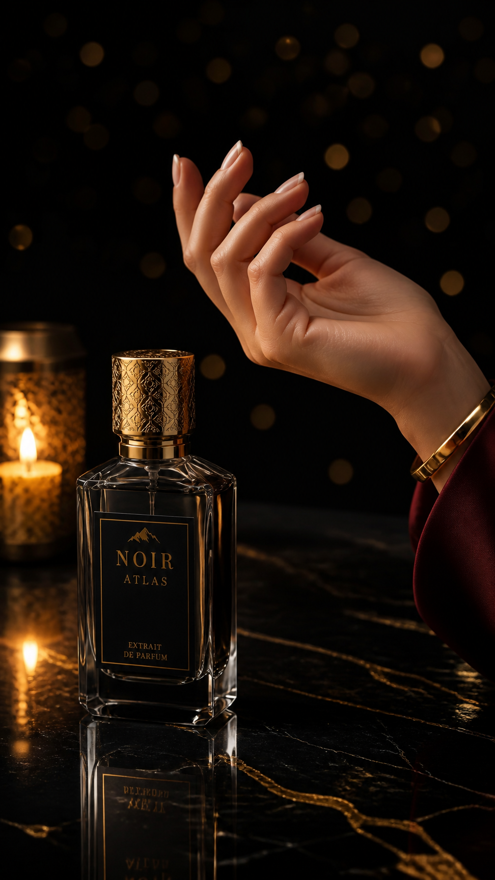 Ultra luxury perfume bottle "Noir Atlas" on black marble surface, bottle design:…؛ پرامپت فارسی برای ساخت عکس با هوش مصنوعی