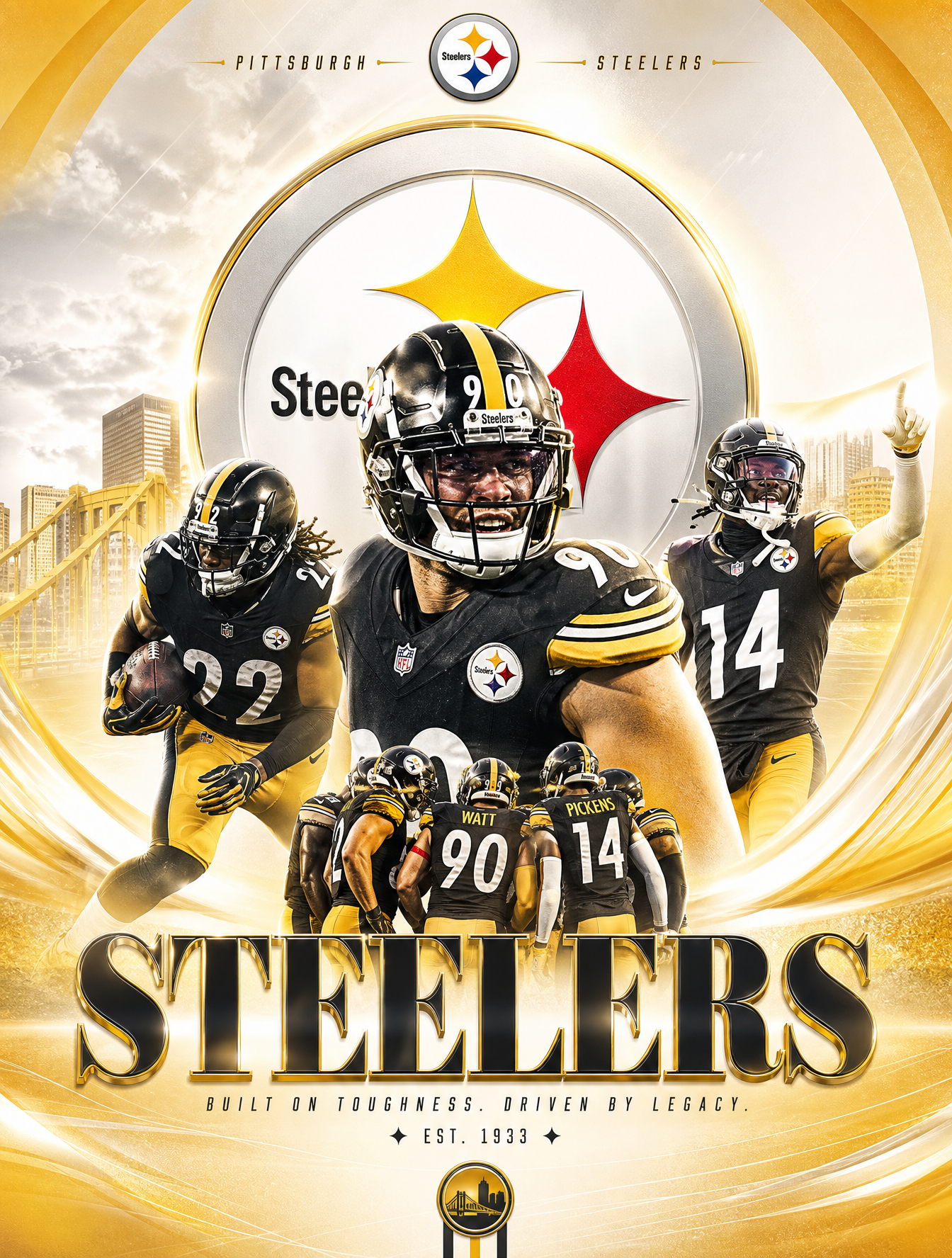 tạo lại đẹp hơn,sang trọng phù hợp đội steelers,tone sáng,vàng؛ پرامپت فارسی برای ساخت عکس با هوش مصنوعی