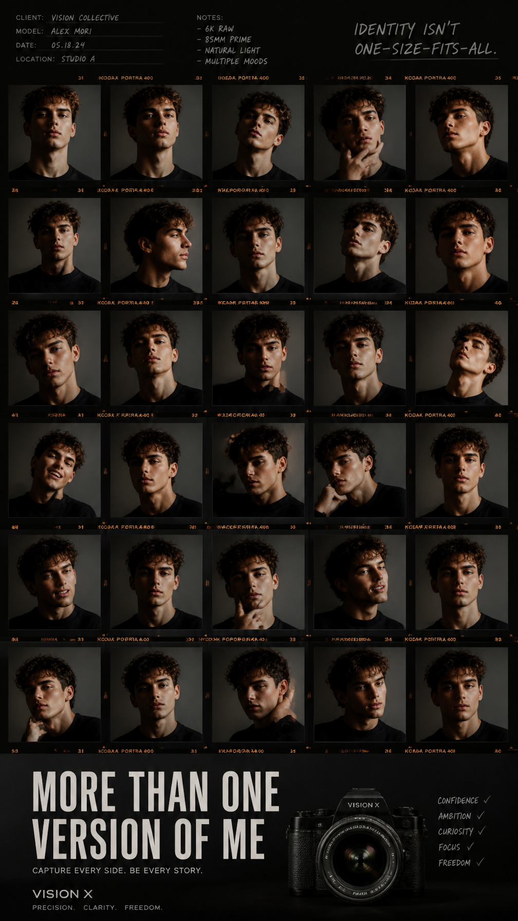 A premium 9:16 camera advertising poster.Main Subject: A giant contact sheet fro…