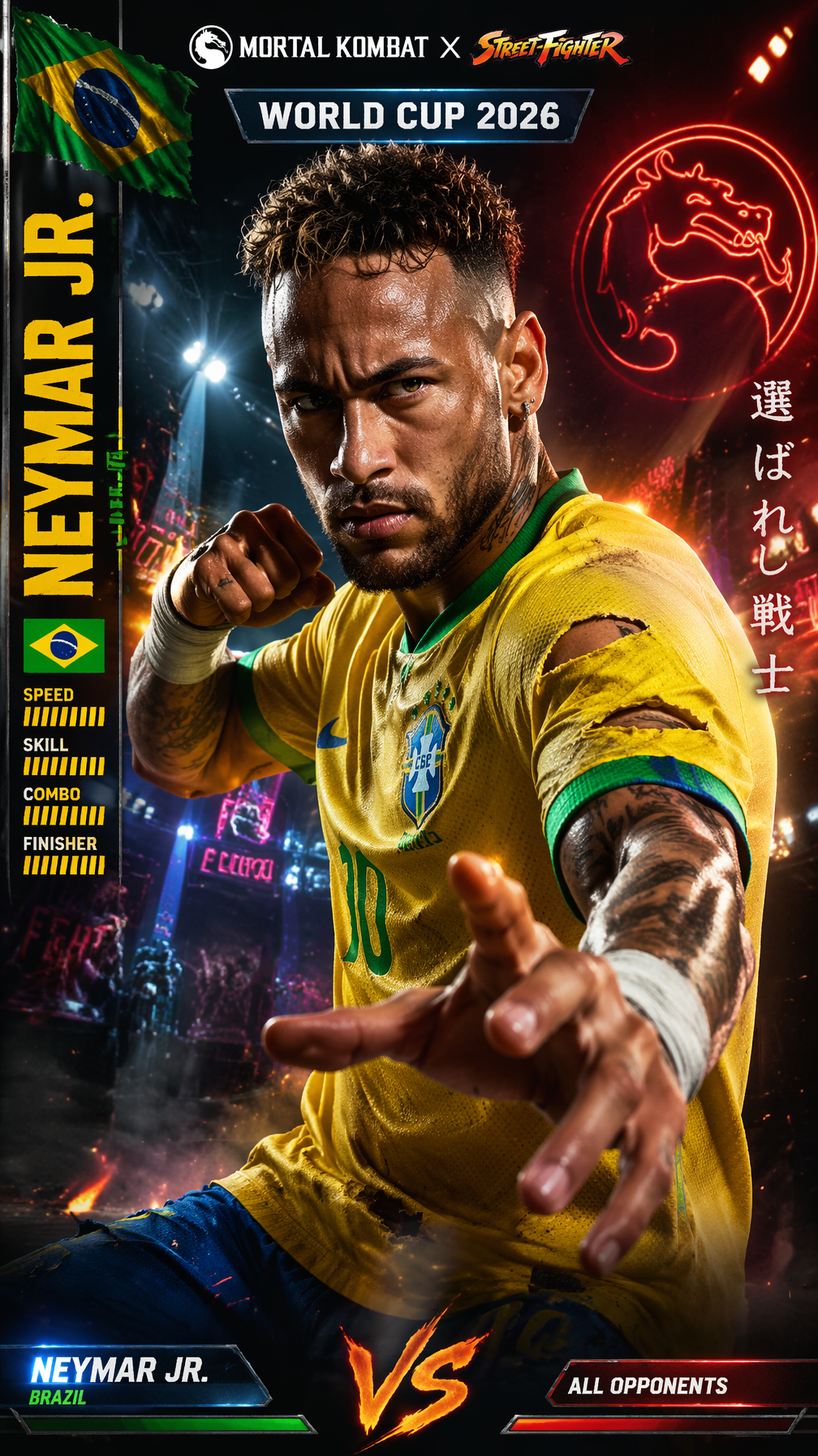 Brazil — Neymar Jr. — Mortal Kombat meets Street Fighter “9:16 poster, Mortal Ko…؛ عکس ساخته‌شده با هوش مصنوعی و پرامپت فارسی در Axeto