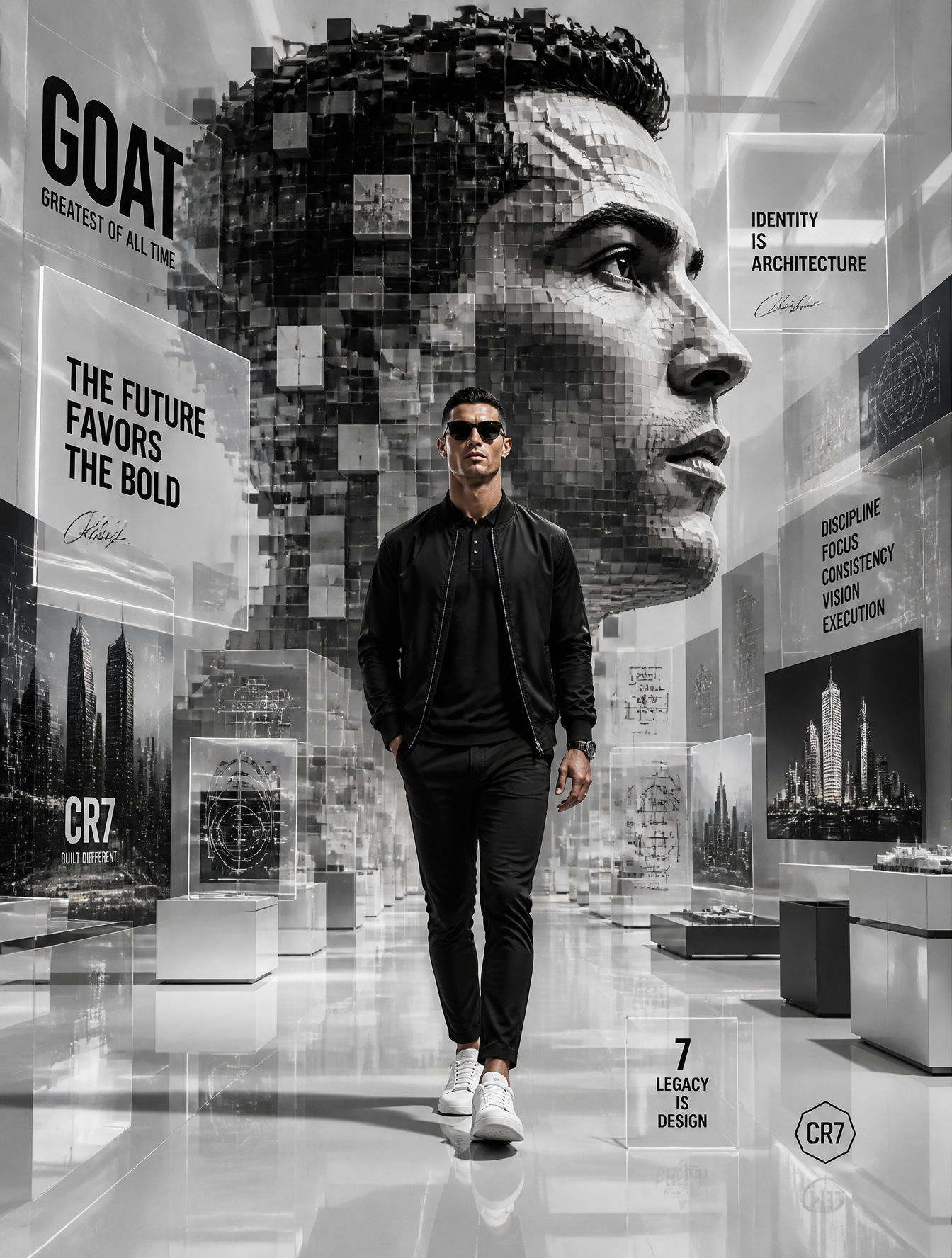 A futuristic monochrome motivational digital artwork featuring a man resembling …؛ پرامپت فارسی برای ساخت عکس با هوش مصنوعی