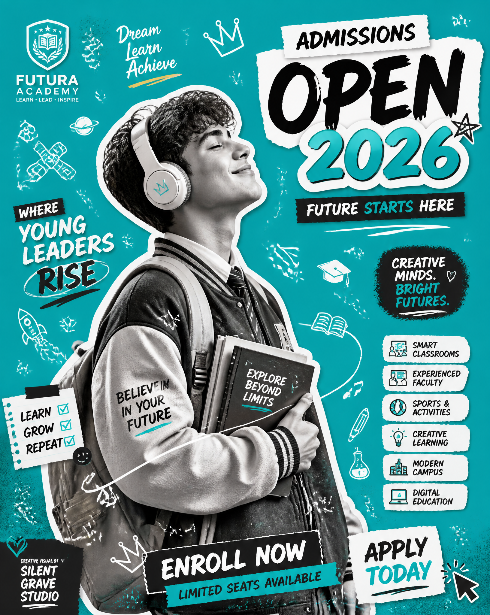 Create an original school admission advertisement poster in modern Y2K scrapbook…؛ پرامپت فارسی برای ساخت عکس با هوش مصنوعی