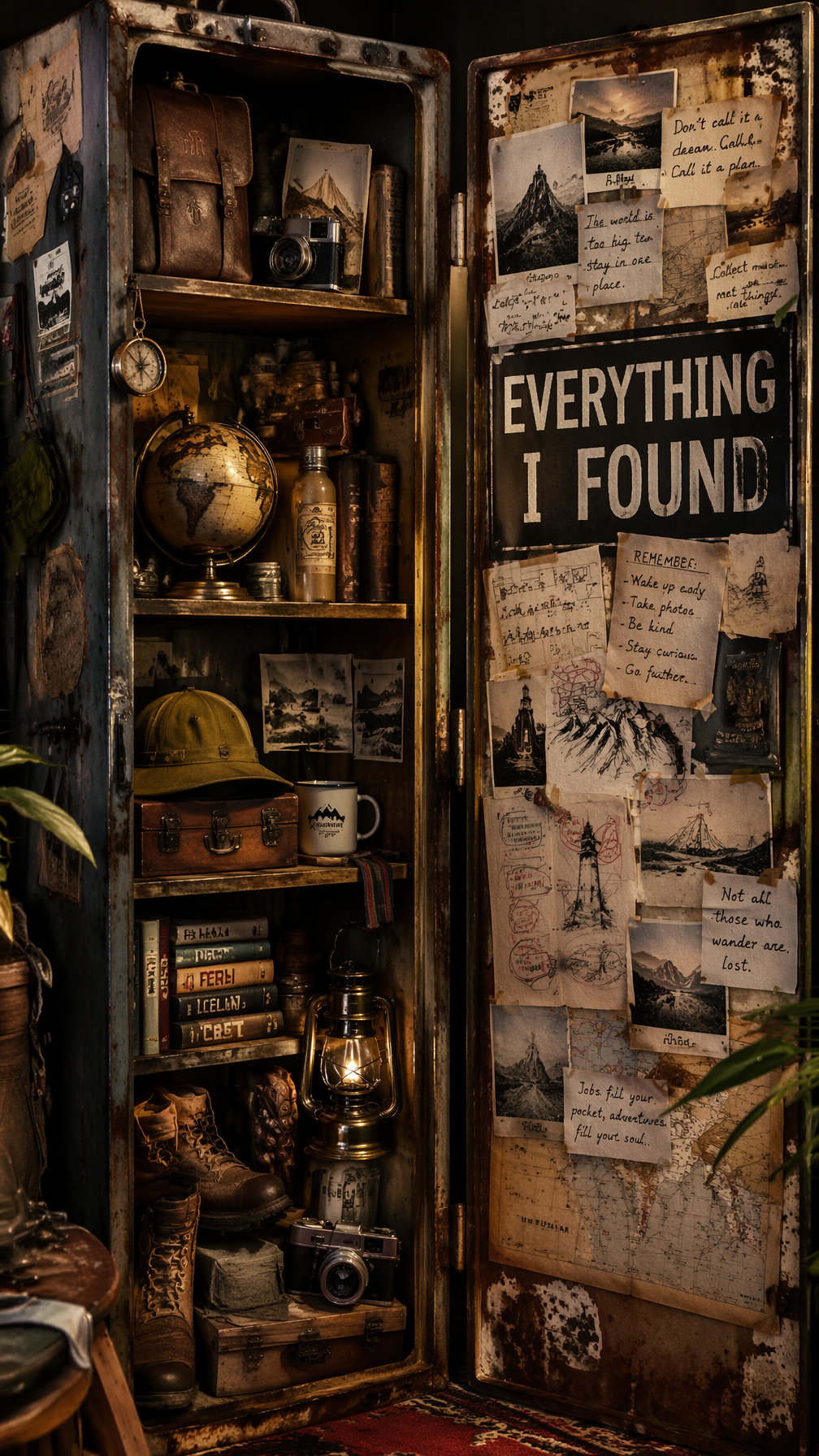 A premium 9:16 travel advertising poster.Main Subject: An old exploration locker…؛ محتوای مرتبط هوش مصنوعی در Axeto