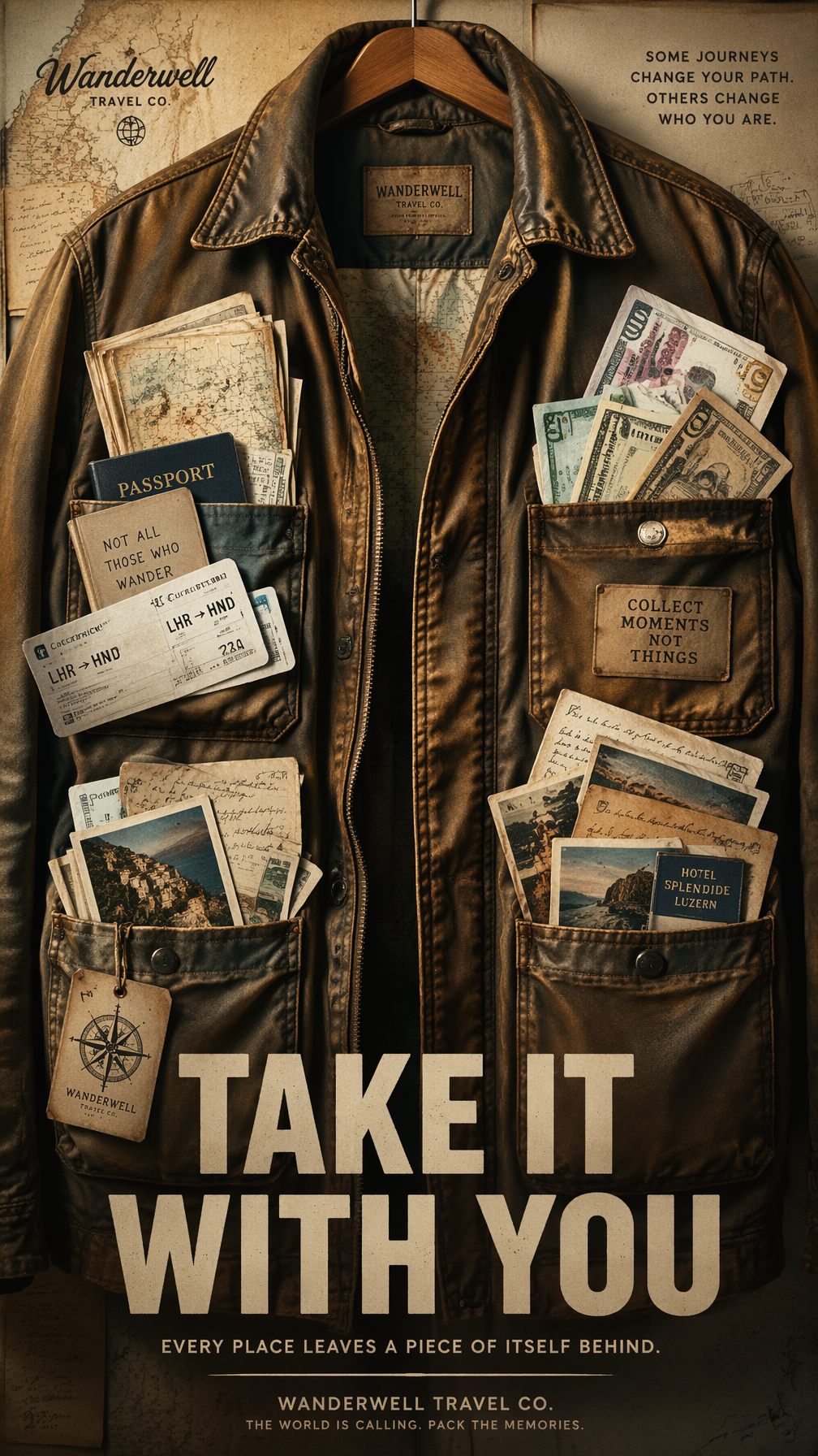 A premium 9:16 travel advertising poster.Main Subject: An oversized vintage trav…؛ عکس ساختهشده با هوش مصنوعی و پرامپت فارسی در Axeto