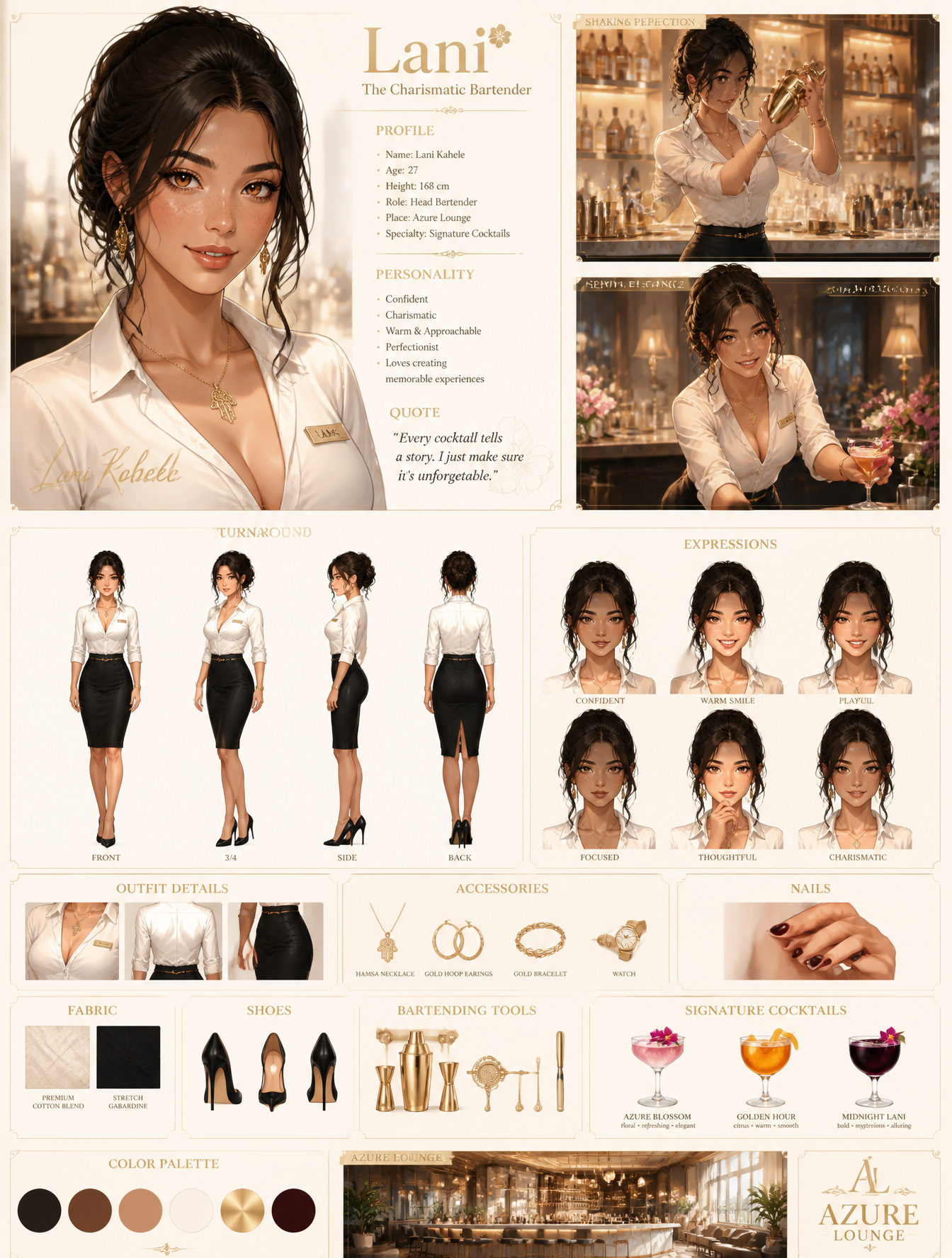 Create a premium anime-style character sheet of a classy, charismatic, beautiful…