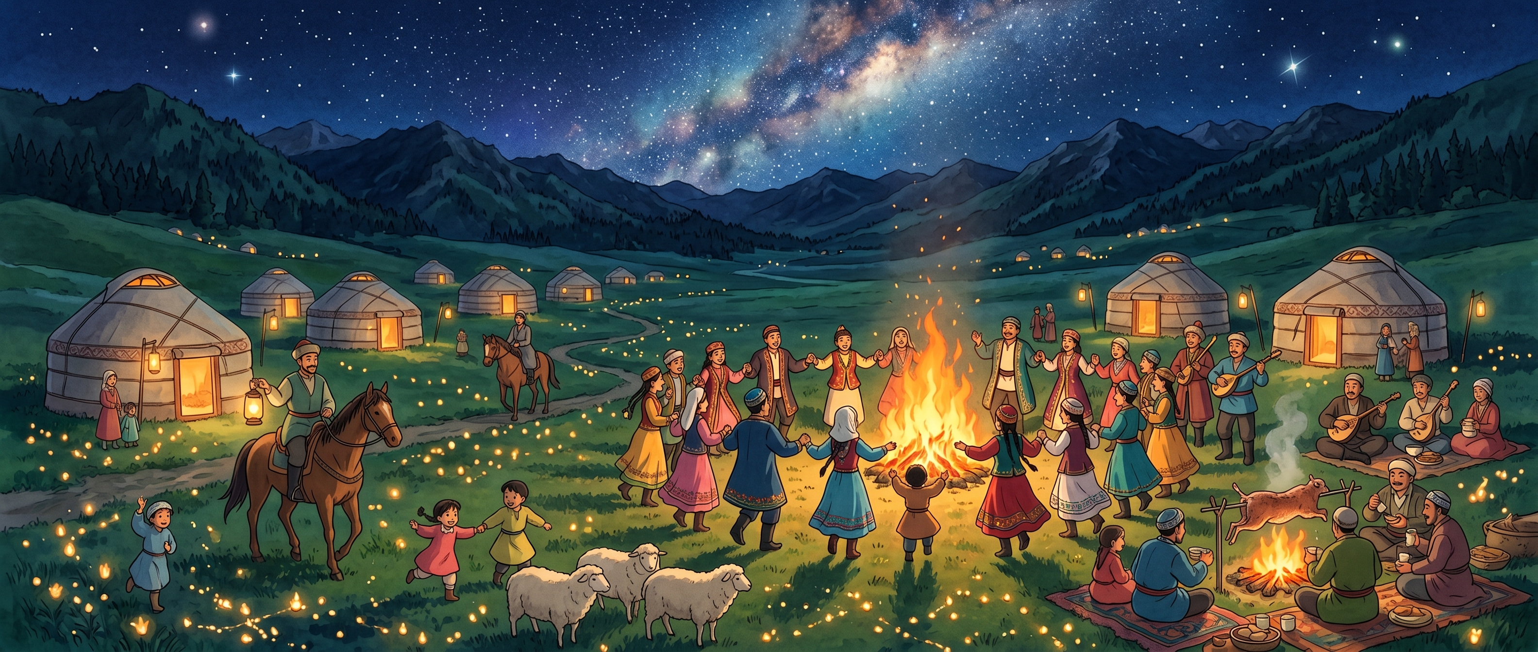 Miyazaki Hayao animation style, Xinjiang grassland starry night sky, traditional…؛ پرامپت فارسی برای ساخت عکس با هوش مصنوعی