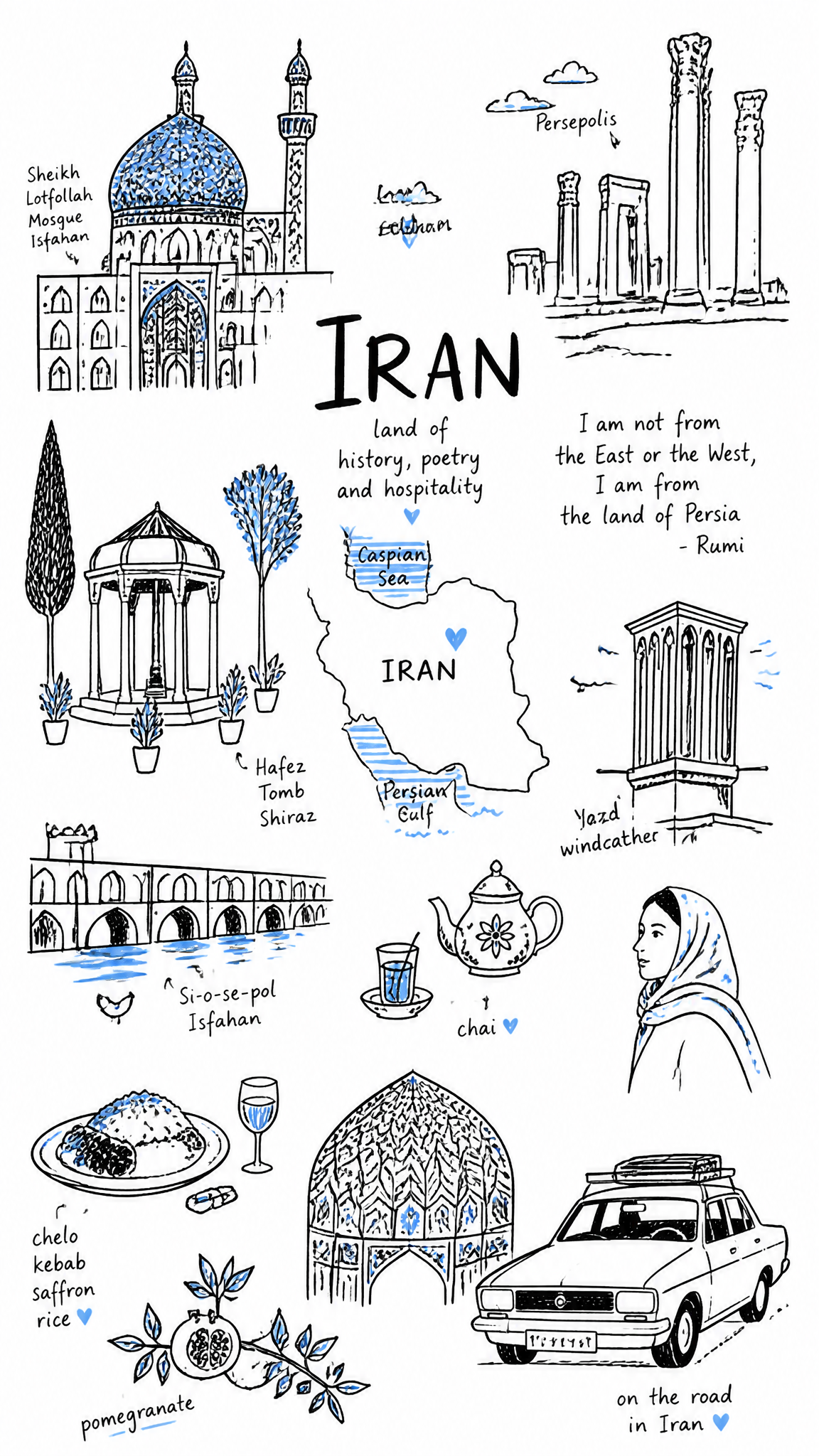 Create a charming editorial travel illustration of [Iran] in a simple hand-drawn…؛ عکس ساخته‌شده با هوش مصنوعی و پرامپت فارسی در Axeto