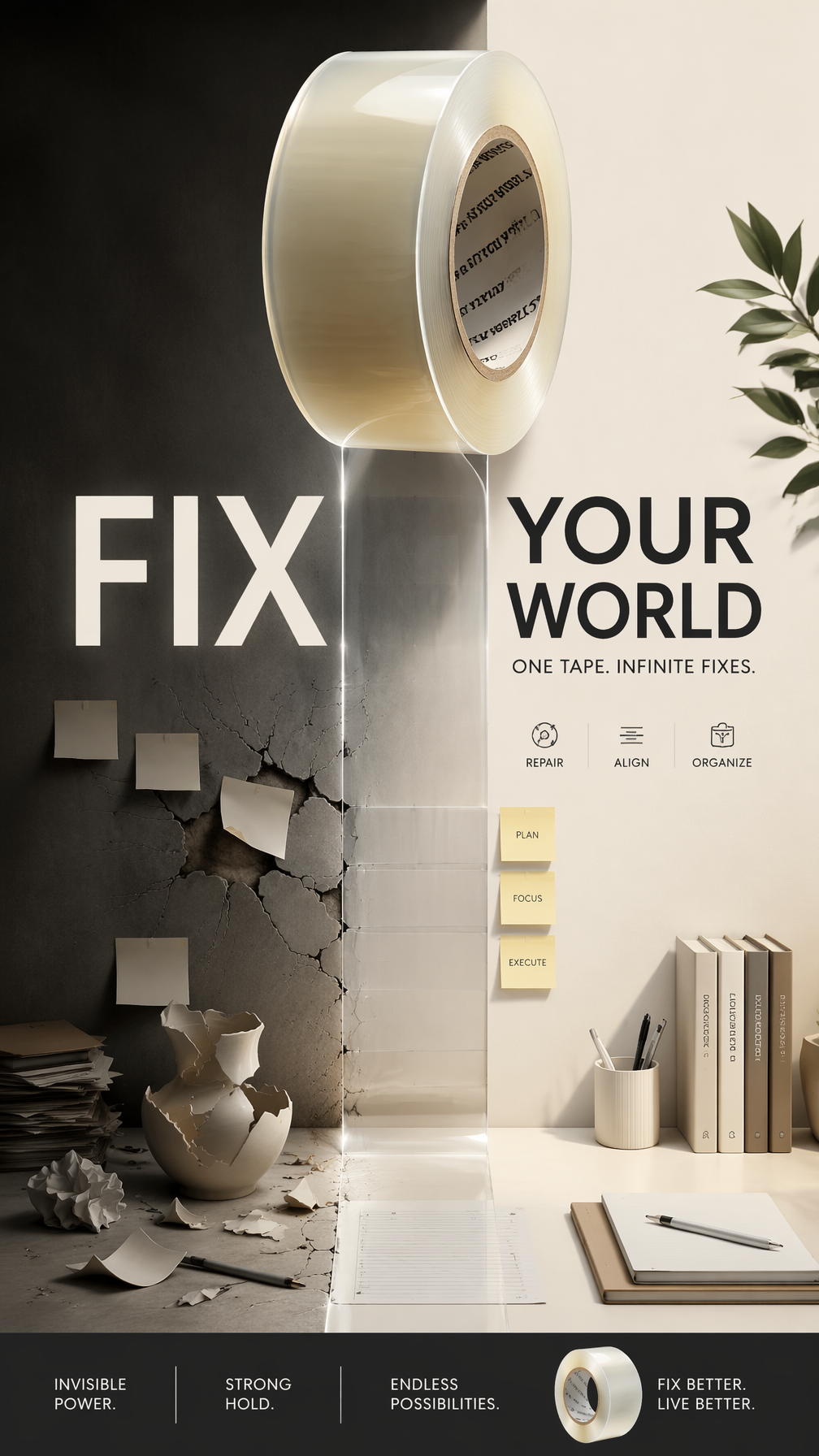 A premium 9:16 stationery advertising poster.Main Subject: A giant roll of trans…؛ پرامپت فارسی برای ساخت عکس با هوش مصنوعی