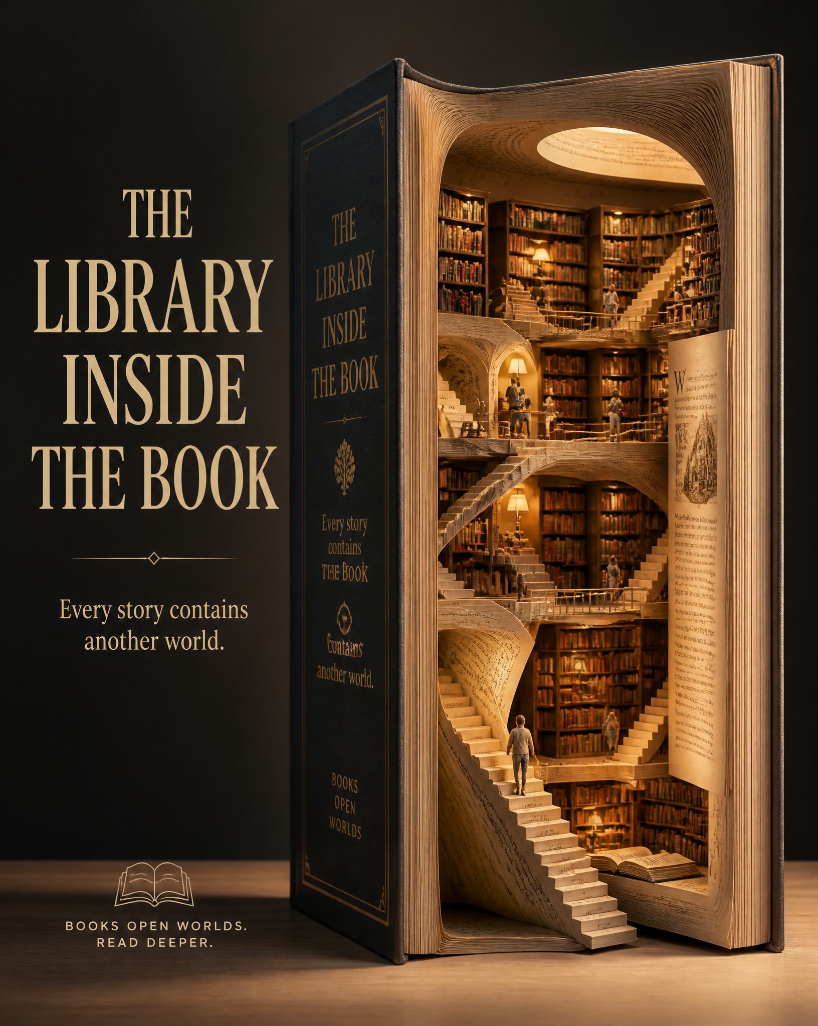 Create a premium 4:5 advertising poster called:"THE LIBRARY INSIDE THE BOOK"Main…؛ پرامپت فارسی برای ساخت عکس با هوش مصنوعی