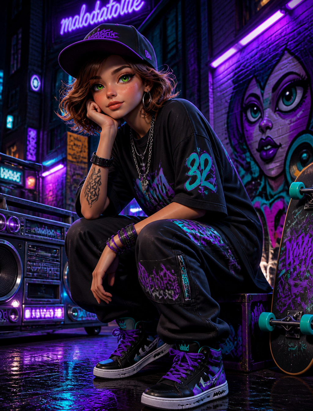 Prompt:Ultra-detailed 3D animated illustration urban Hip Hop style, 8K Cinematog…؛ پرامپت فارسی برای ساخت عکس با هوش مصنوعی