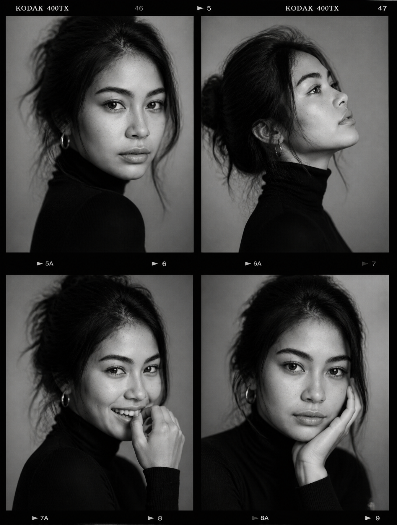Ultra-viral black-and-white luxury fashion casting contact sheet portrait of a s…