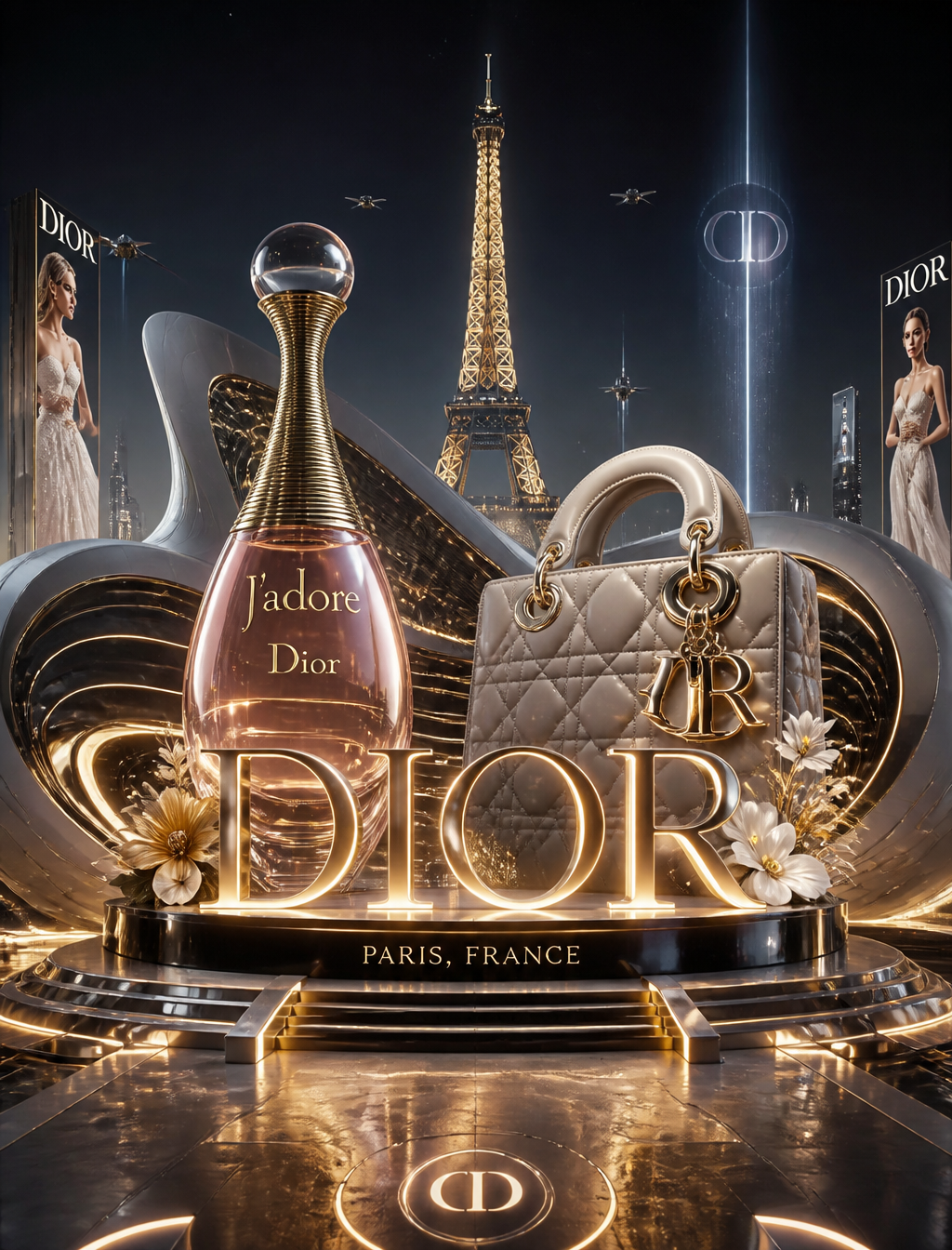Create a futuristic cinematic luxury promotional installation for the brand [BRA…؛ پرامپت فارسی برای ساخت عکس با هوش مصنوعی