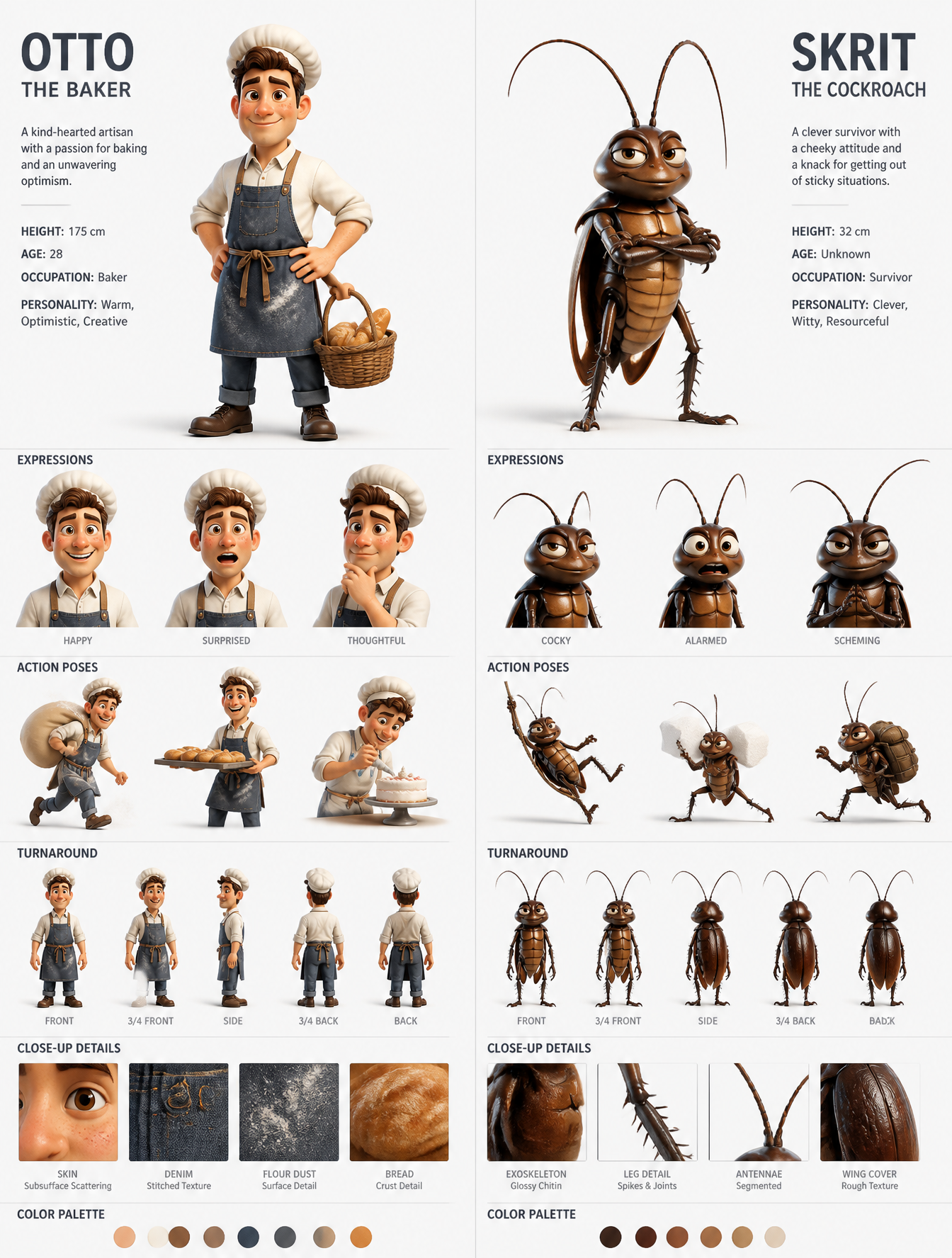 A professional 3D character design sheet displays two distinct protagonists, a h…؛ عکس ساختهشده با هوش مصنوعی و پرامپت فارسی در Axeto