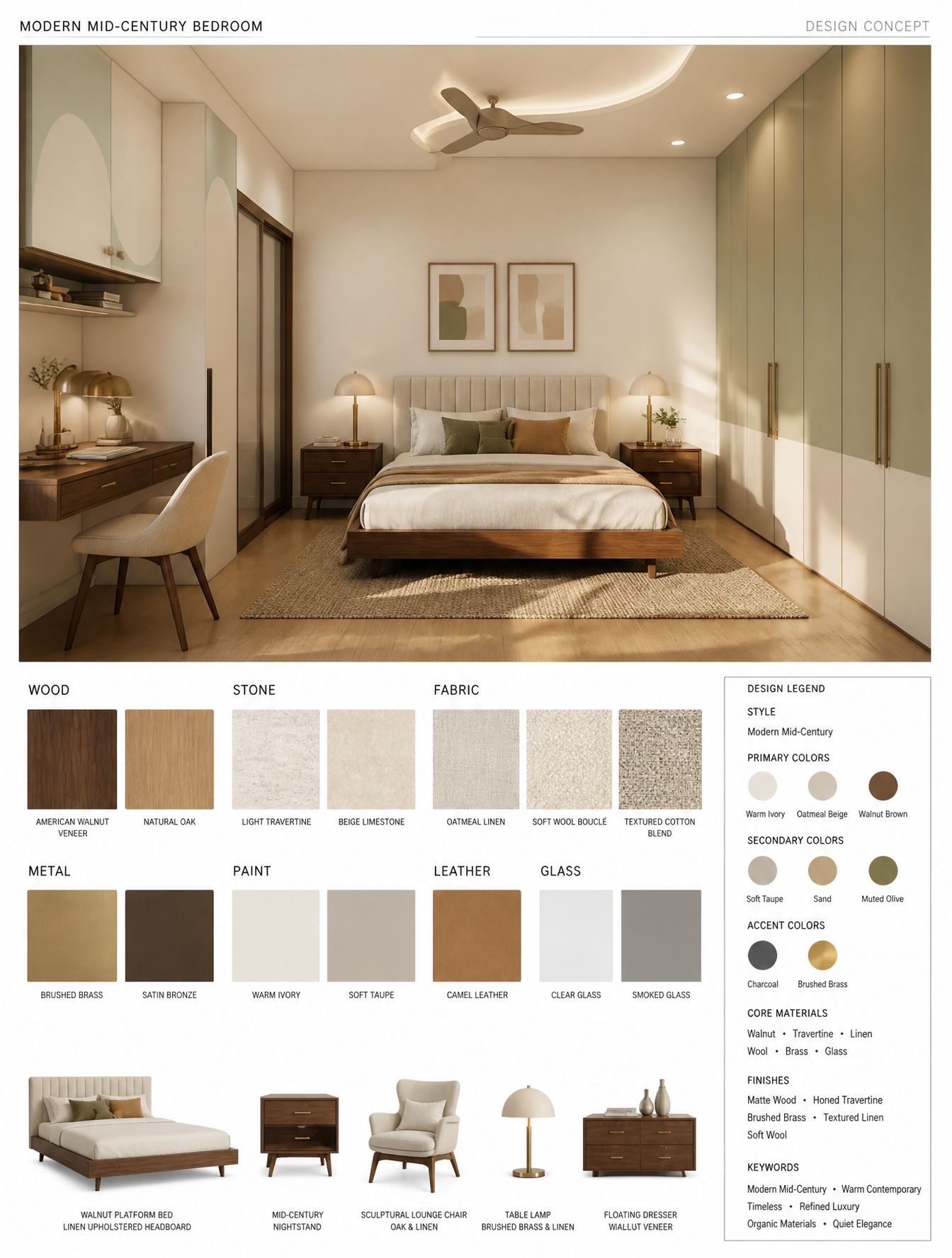 MODERN MID-CENTURY BEDROOM — HIGH-END INTERIOR DESIGN MOOD BOARDCreate a luxury …؛ پرامپت فارسی برای ساخت عکس با هوش مصنوعی