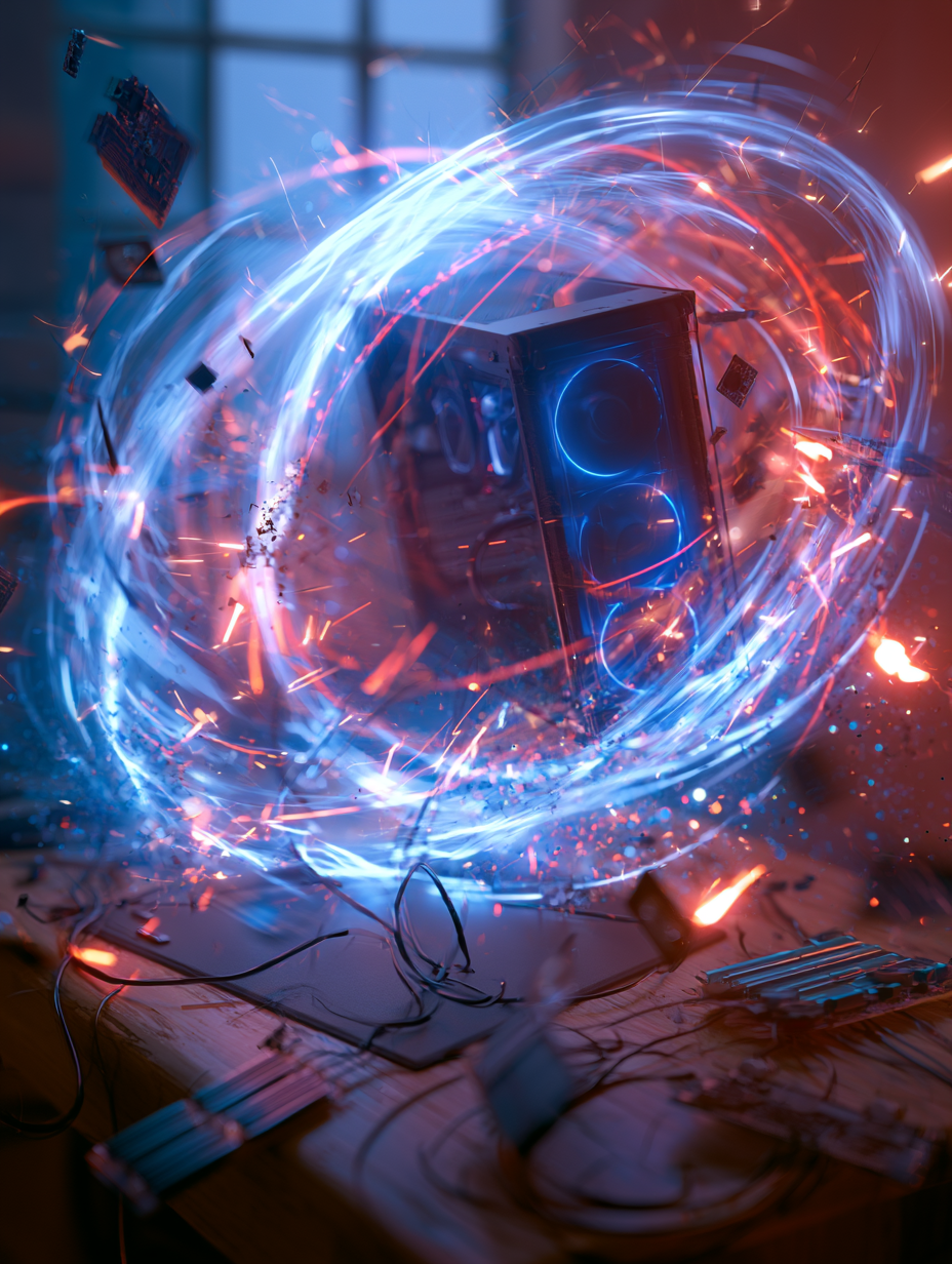 Ultra-realistic gaming PC floating above a desk, surrounded by glowing blue and …؛ پرامپت فارسی برای ساخت عکس با هوش مصنوعی
