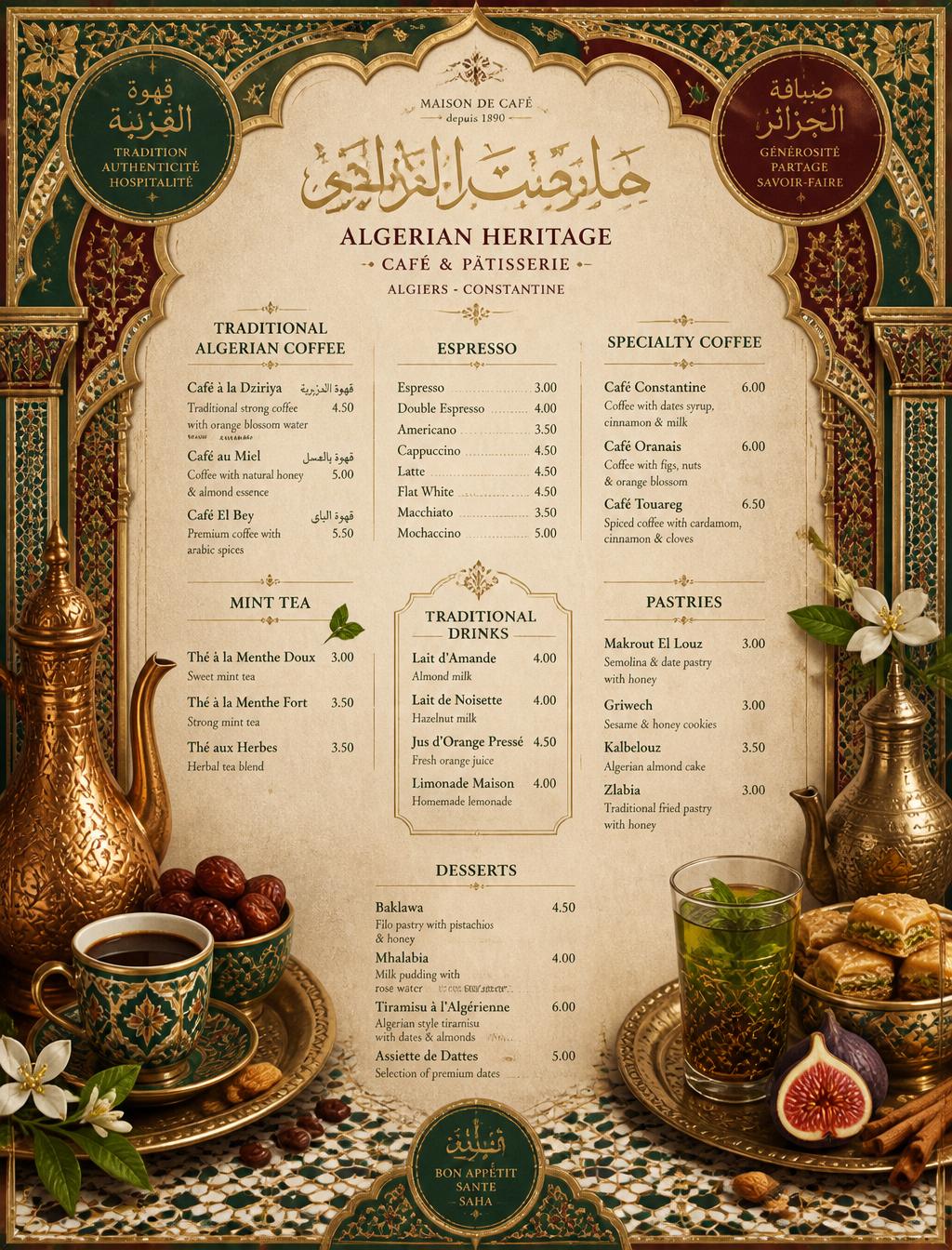 Luxury maximalist coffee shop menu design inspired by Algerian heritage, rich ed…؛ عکس ساختهشده با هوش مصنوعی و پرامپت فارسی در Axeto