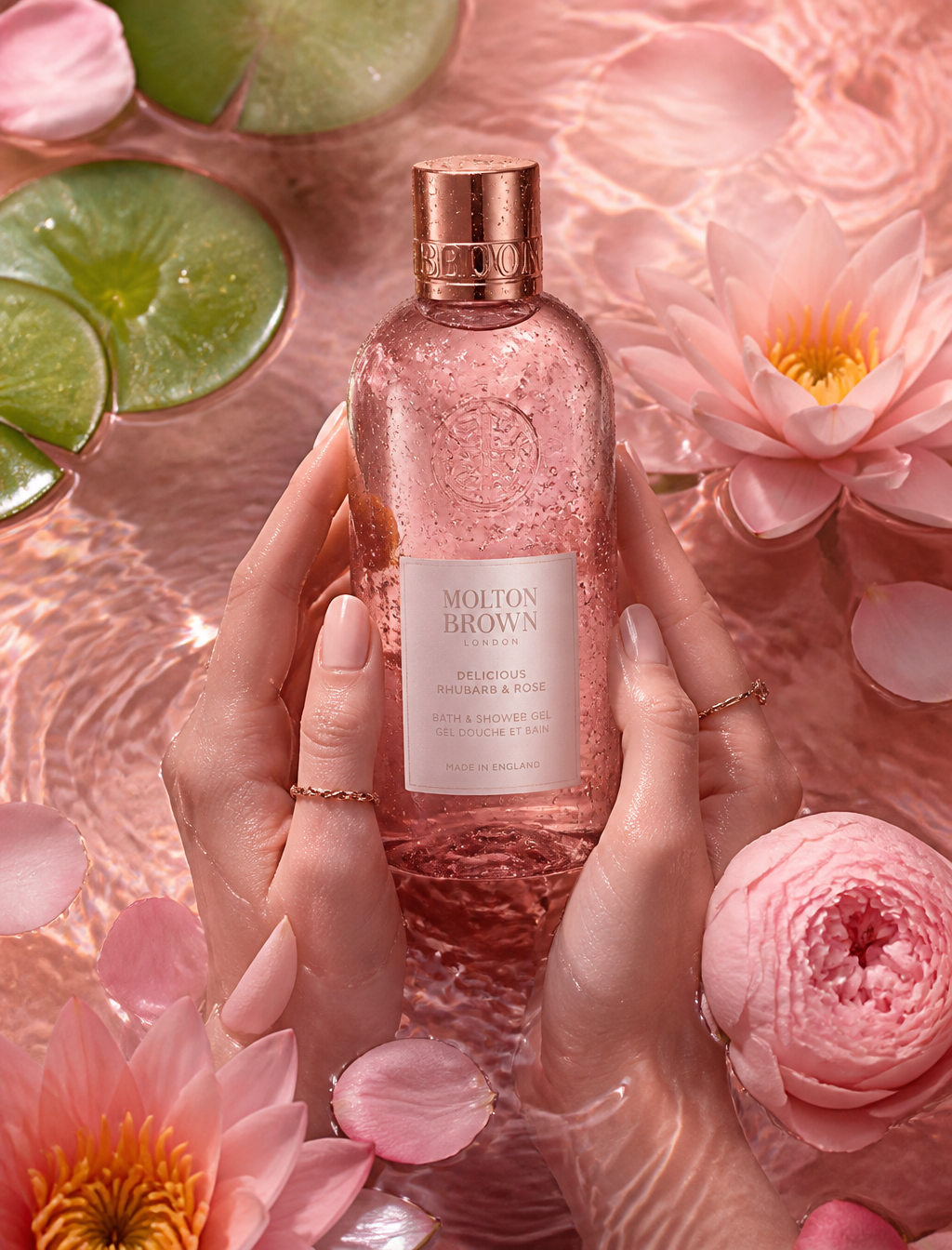 Luxury product photography of a translucent blush-pink bath and shower gel bottl…؛ عکس ساخته‌شده با هوش مصنوعی و پرامپت فارسی در Axeto