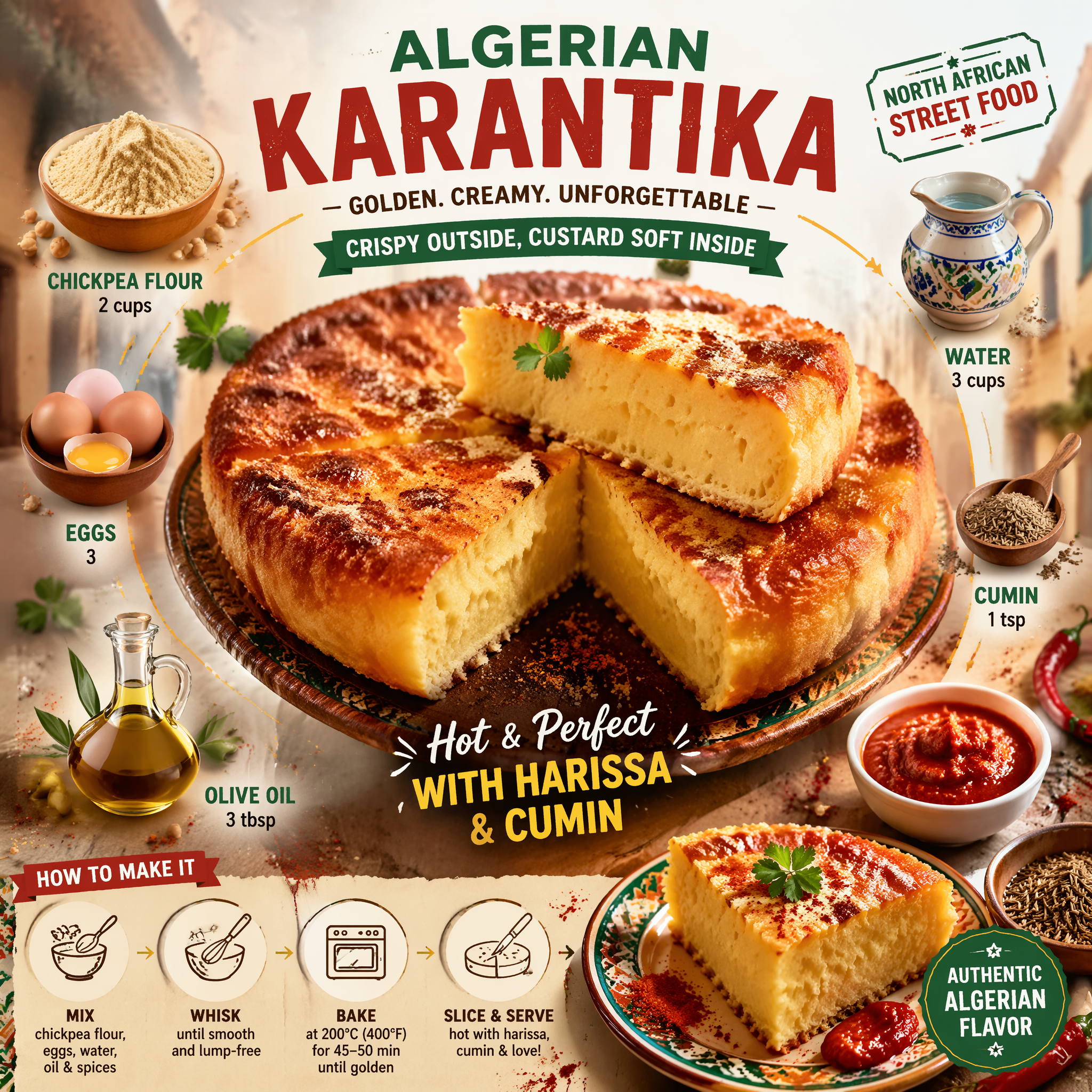 Ultra-viral recipe infographic.Showcase ALGERIAN KARANTIKA — a golden, custardy …؛ عکس ساخته‌شده با هوش مصنوعی و پرامپت فارسی در Axeto