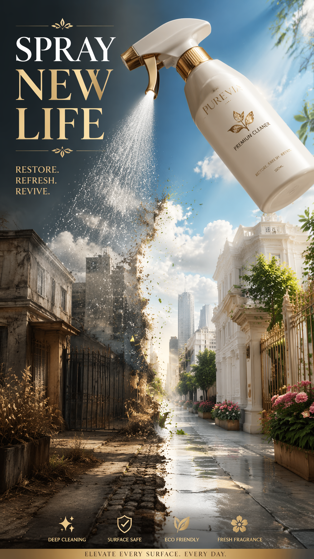 A premium 9:16 cleaning advertising poster.Main Subject: A giant premium spray b…؛ پرامپت فارسی برای ساخت عکس با هوش مصنوعی
