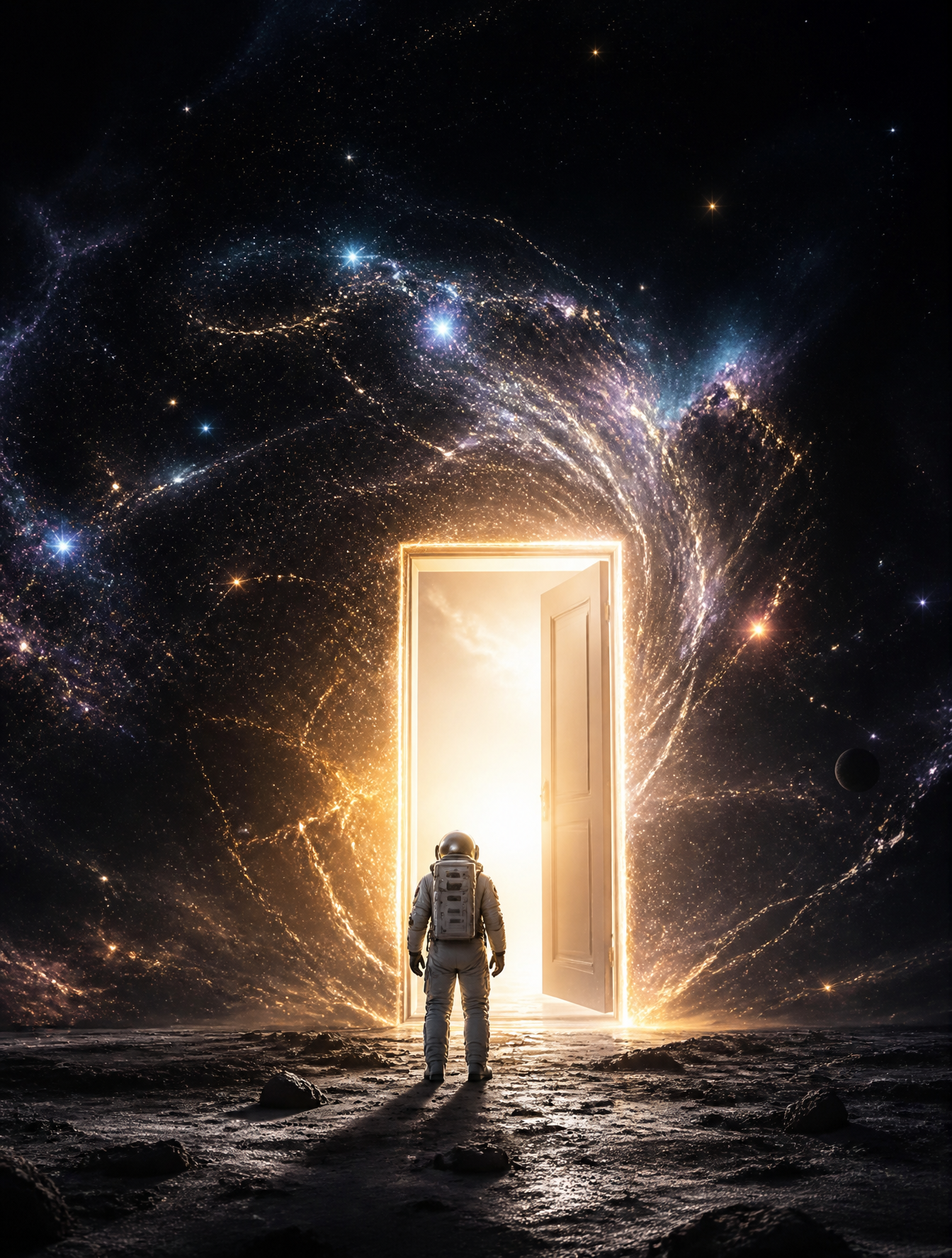 A lonely astronaut discovering a glowing door in the middle of the universe, sta…؛ پرامپت فارسی برای ساخت عکس با هوش مصنوعی