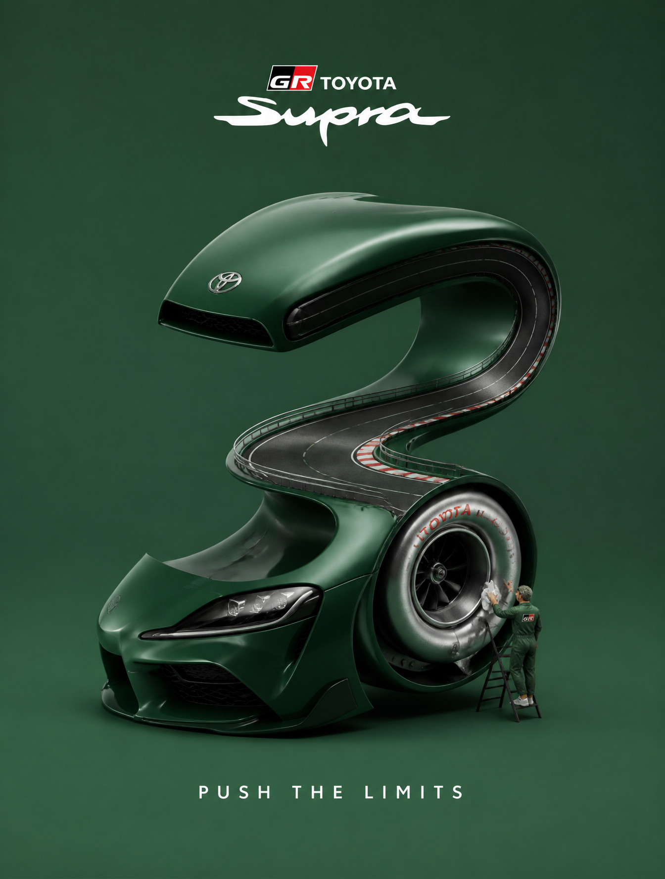 Create a creative 3D advertisement for [ TOYOTA GR SUPRA ], featuring a surreal …؛ پرامپت فارسی برای ساخت عکس با هوش مصنوعی