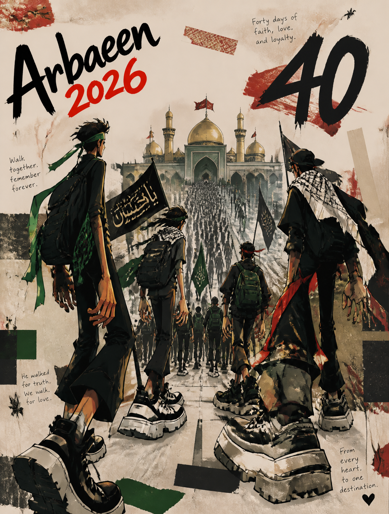 Stylized urban art magazine poster for Arbaeen 2026. The visual centerpiece is t…؛ پرامپت فارسی برای ساخت عکس با هوش مصنوعی