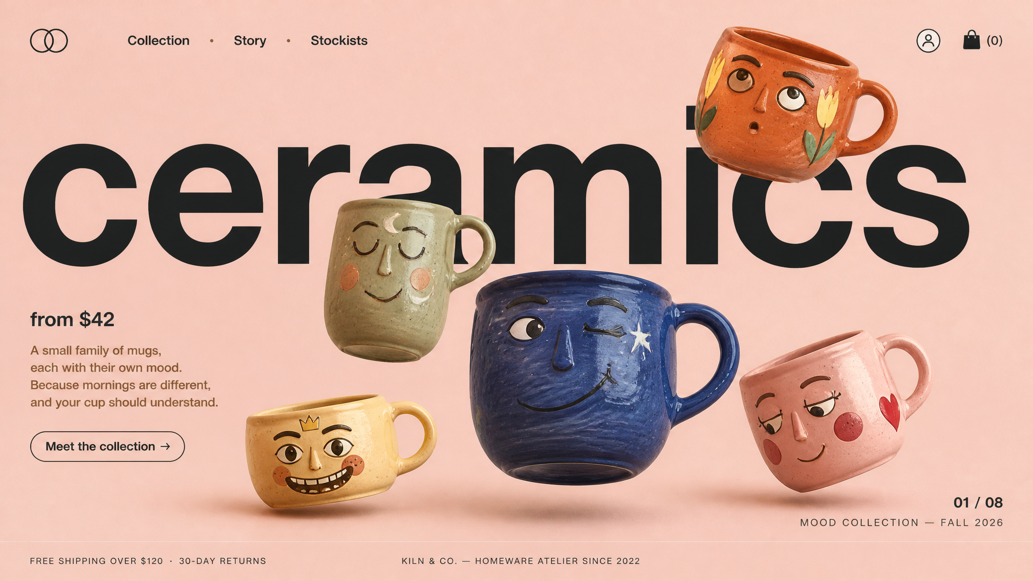 Horizontal desktop landing page hero section for a fictional playful homeware st…؛ پرامپت فارسی برای ساخت عکس با هوش مصنوعی