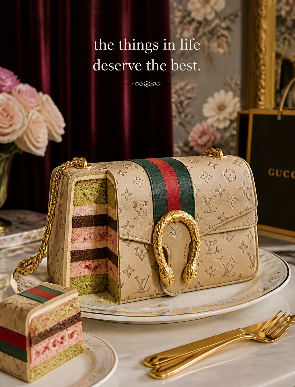 An elegant cake designed like a Louis Vuitton Dionysus handbag, detailed with ed…؛ پرامپت فارسی برای ساخت عکس با هوش مصنوعی