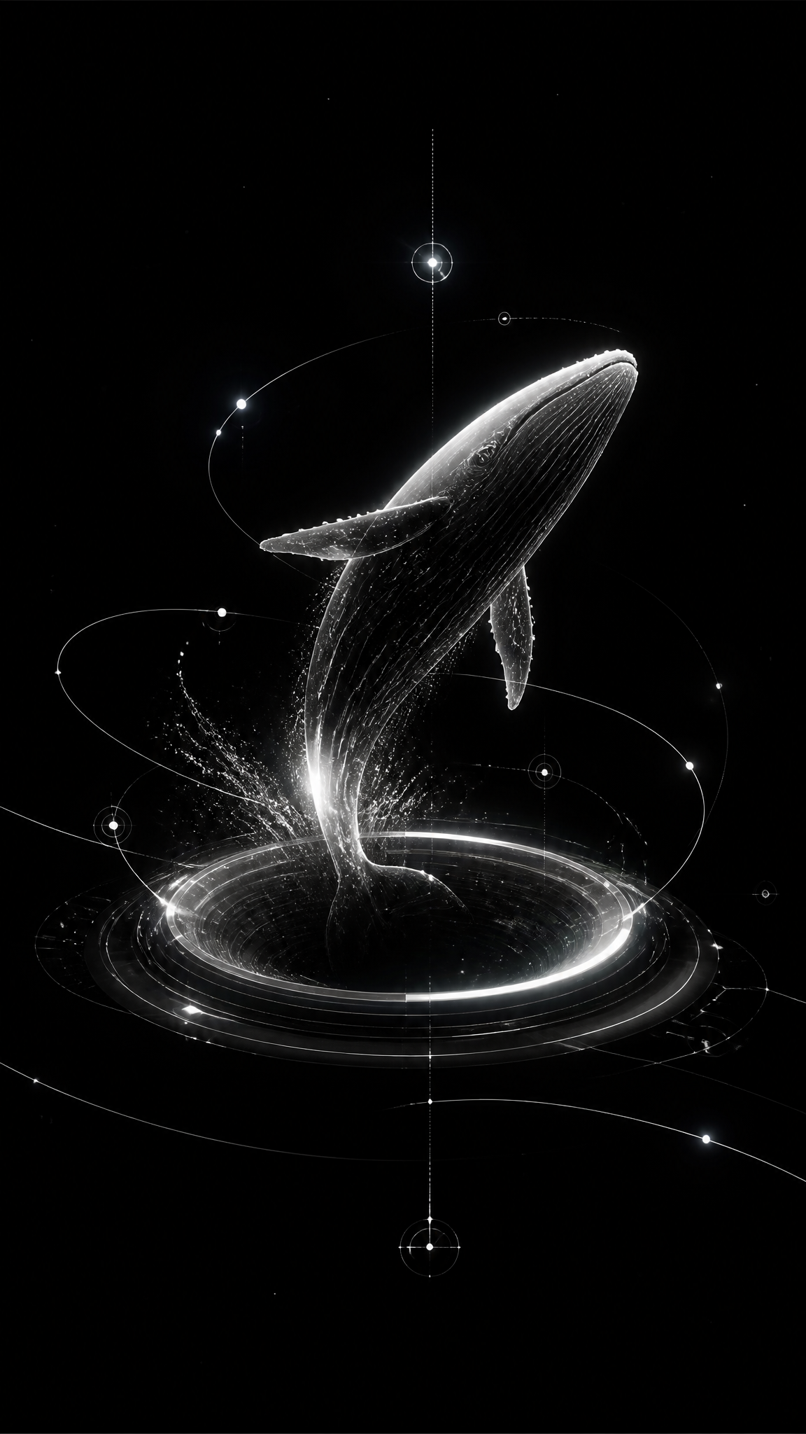 Prompt:Minimal futuristic jumping whale out from galaxy hole -shaped interface f…؛ پرامپت فارسی برای ساخت عکس با هوش مصنوعی