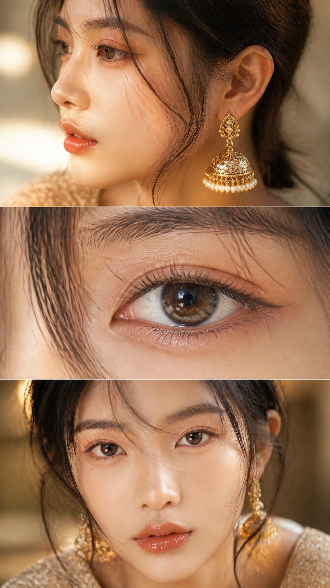 Luxurious cinematic feminine beauty collage in three elegant horizontal frames, …؛ پرامپت فارسی برای ساخت عکس با هوش مصنوعی