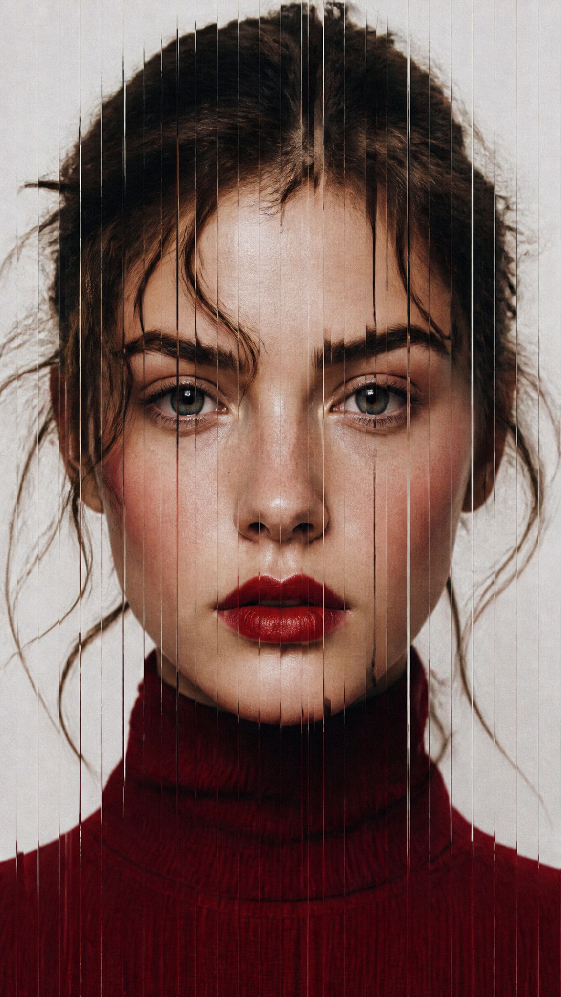 Style: vertical_slice_glitch, Description: High-fashion portrait with vertical s…؛ پرامپت فارسی برای ساخت عکس با هوش مصنوعی
