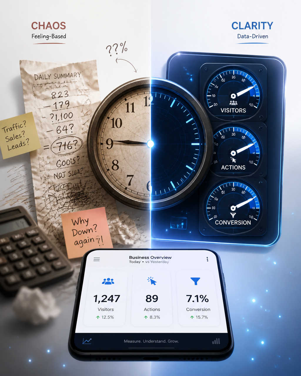 Create a vertical 4:5 (1080x1350) mixed-style visual: business analytics dashboa…؛ پرامپت فارسی برای ساخت عکس با هوش مصنوعی