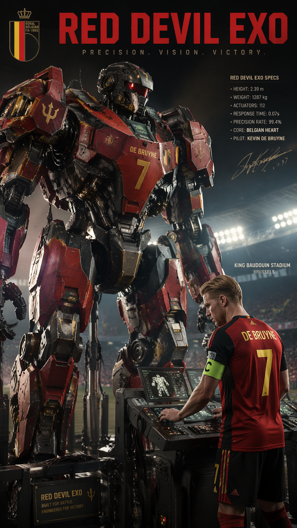Belgium — Kevin De Bruyne — Red Devil Exo “9:16 poster of ‘Red Devil Exo’, tacti…؛ عکس ساختهشده با هوش مصنوعی و پرامپت فارسی در Axeto