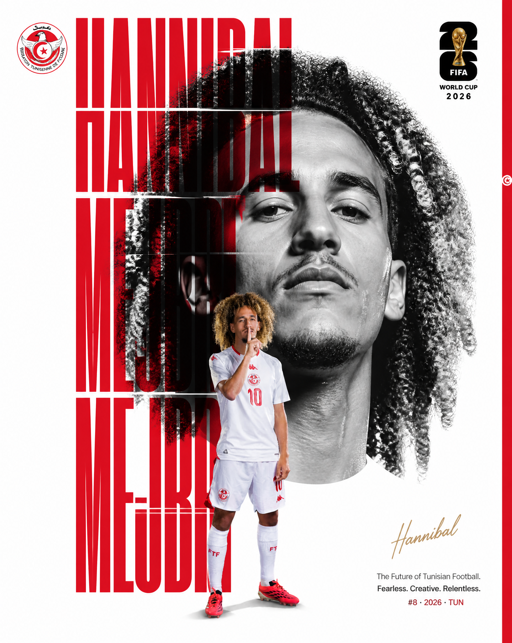 Create a luxury FIFA World Cup 2026 editorial poster featuring Hannibal Mejbri, …